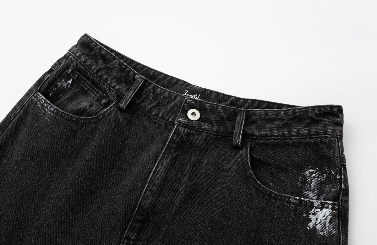 2000RSK Paint-Splattered Washed Distressed Spliced Straight-Leg Jeans