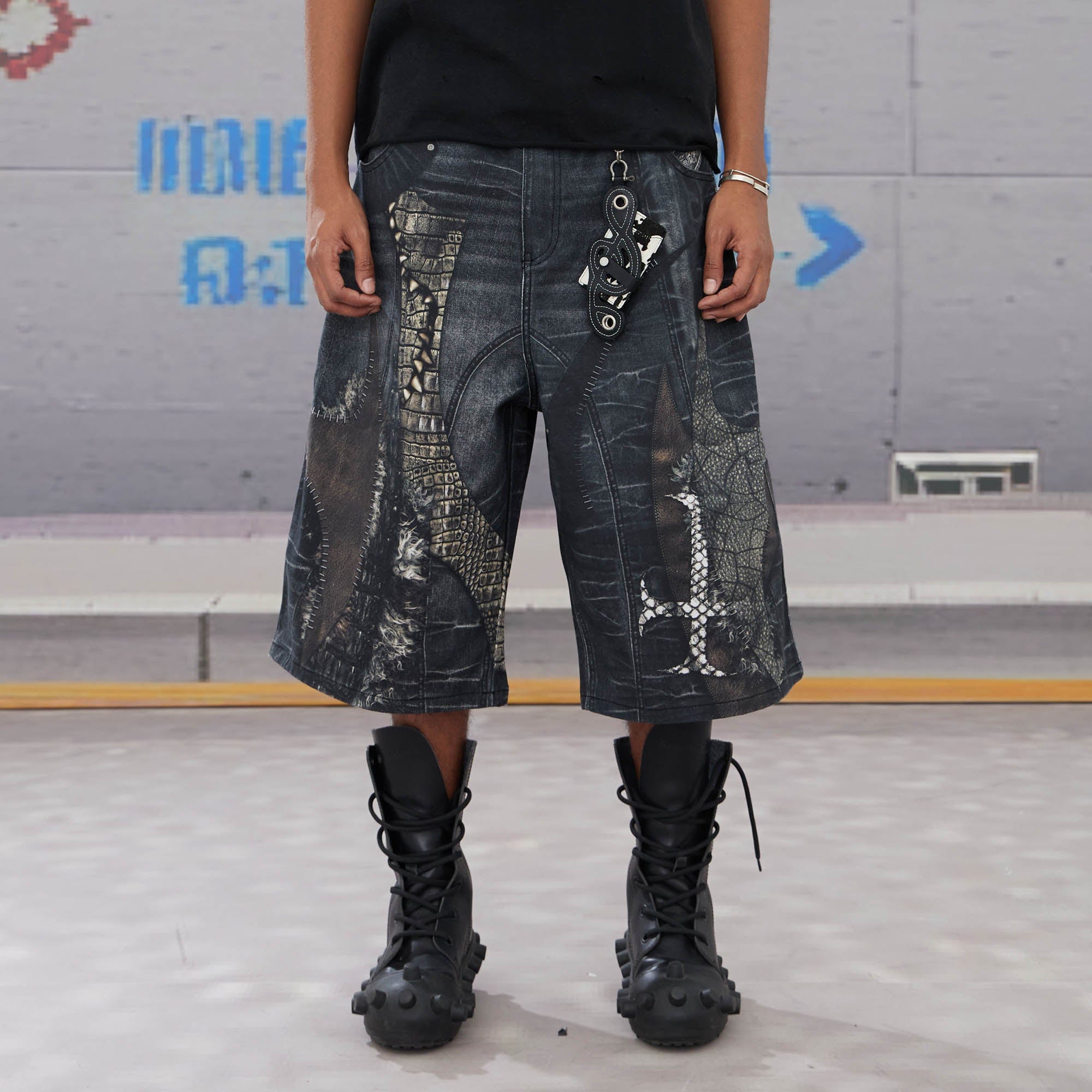 DND4DES Croc Cross Panel Washed Bermuda Denim Shorts, premium urban and streetwear designers apparel on PROJECTISR.com, DND4DES