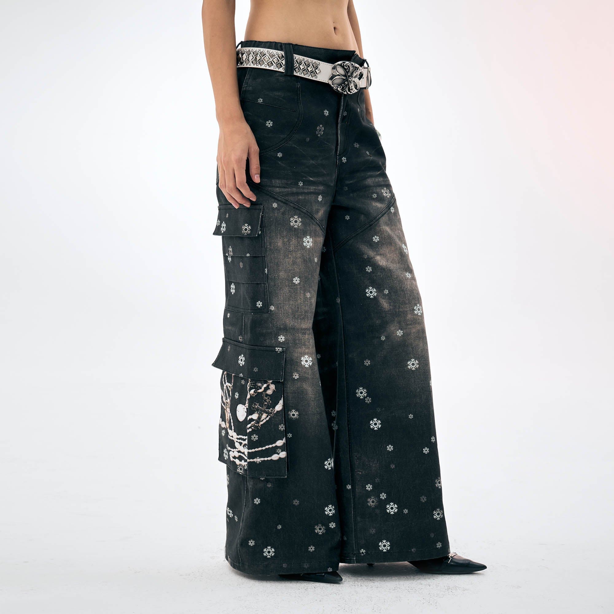 DND4DES×Faychui Snowflake Full-Print Spliced Multi-Pocket Jeans, premium urban and streetwear designers apparel on PROJECTISR.com, DND4DES