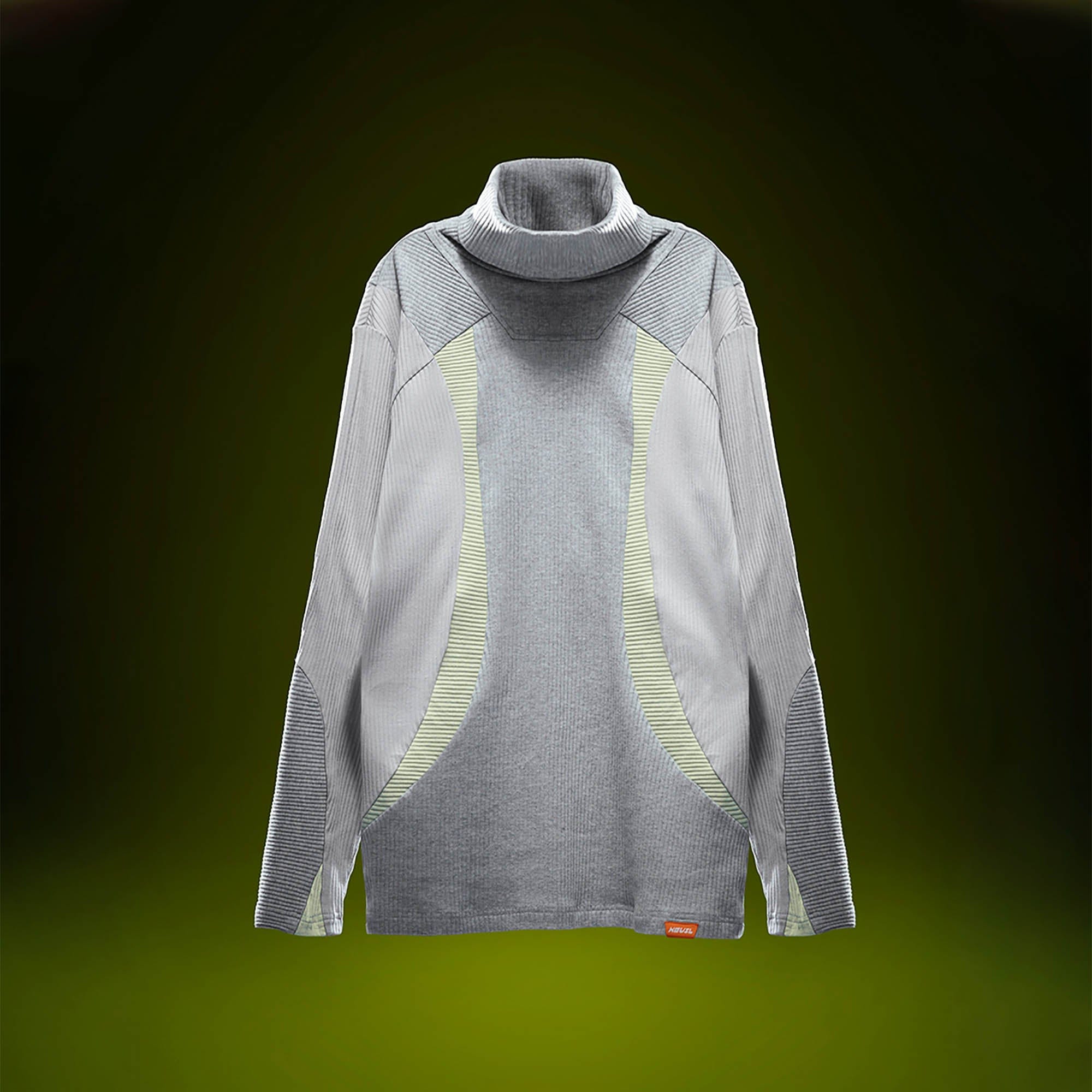 XIPHEVIL Ribbed Paneled Turtleneck Long-Sleeve Tee Grey, premium urban and streetwear designers apparel on PROJECTISR.com, XIPHEVIL