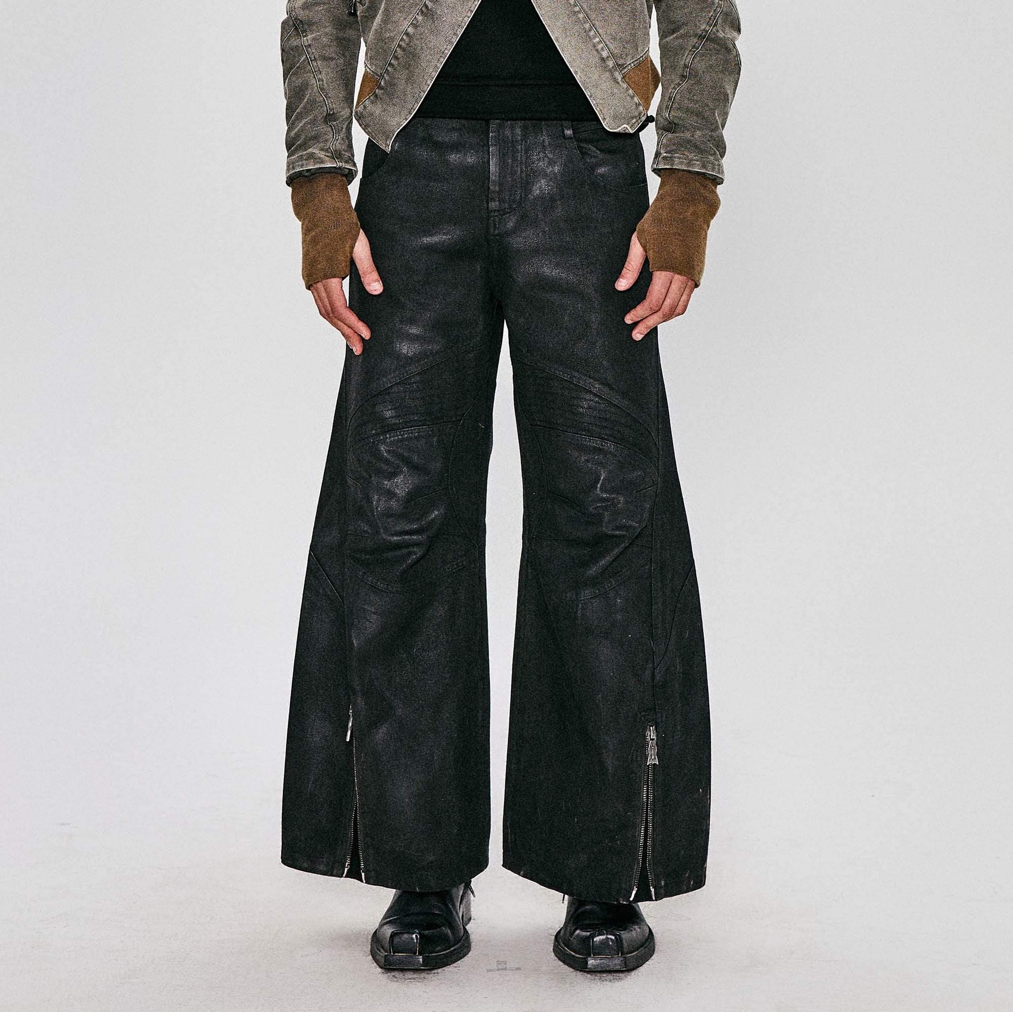 FLYERRER Waxed Deconstructed-Knee Zip-Hem Flared Pants, premium urban and streetwear designers apparel on PROJECTISR.com, FLYERRER