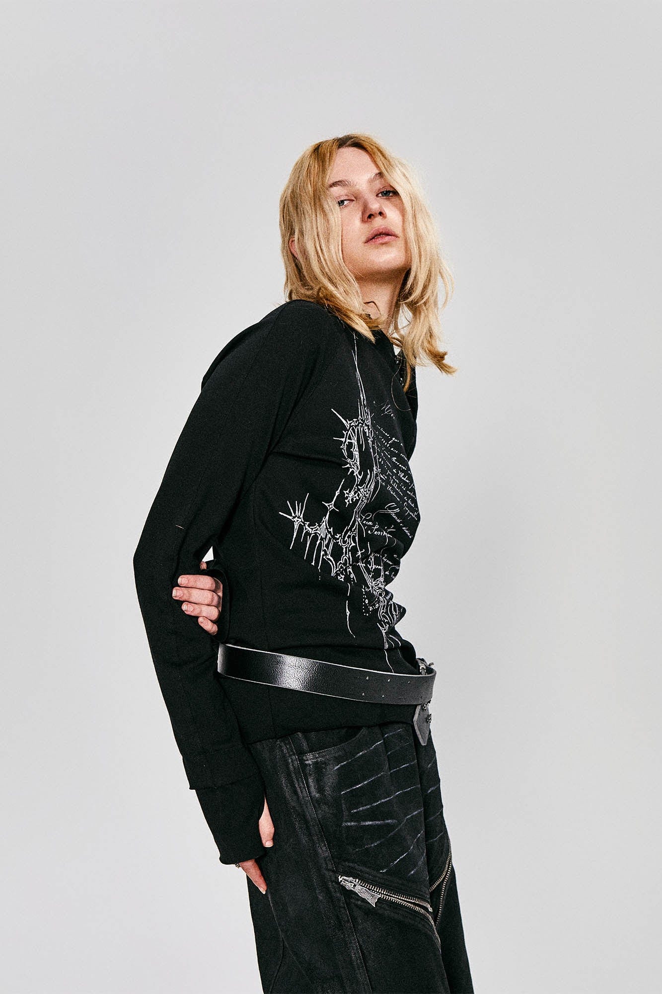 FLYERRER Gothic Script Graphic Asymmetrical Button Long-Sleeve Tee, premium urban and streetwear designers apparel on PROJECTISR.com, FLYERRER