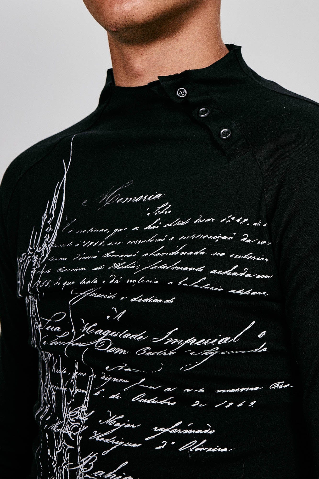 FLYERRER Gothic Script Graphic Asymmetrical Button Long-Sleeve Tee, premium urban and streetwear designers apparel on PROJECTISR.com, FLYERRER