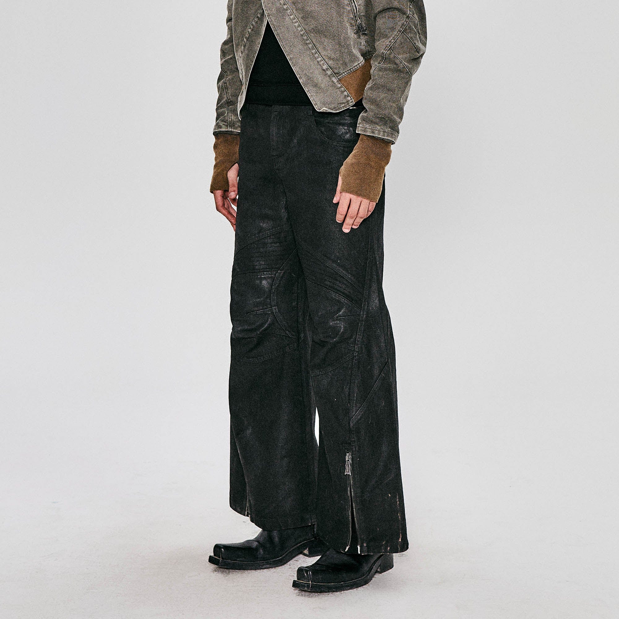FLYERRER Waxed Deconstructed-Knee Zip-Hem Flared Pants, premium urban and streetwear designers apparel on PROJECTISR.com, FLYERRER