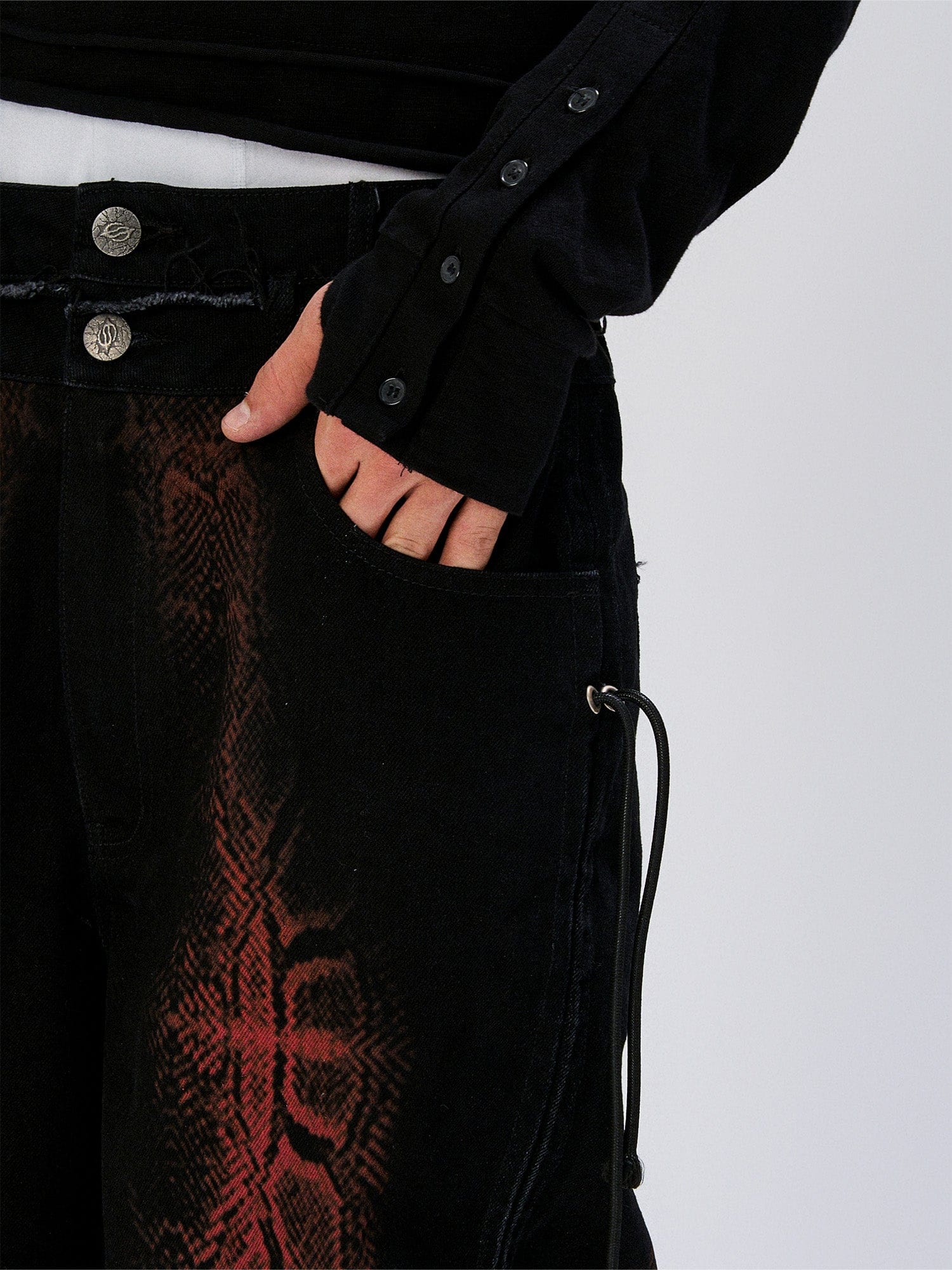 FLYERRER Washed Contrast Snakeskin Drawcord Wide-Leg Jeans, premium urban and streetwear designers apparel on PROJECTISR.com, FLYERRER
