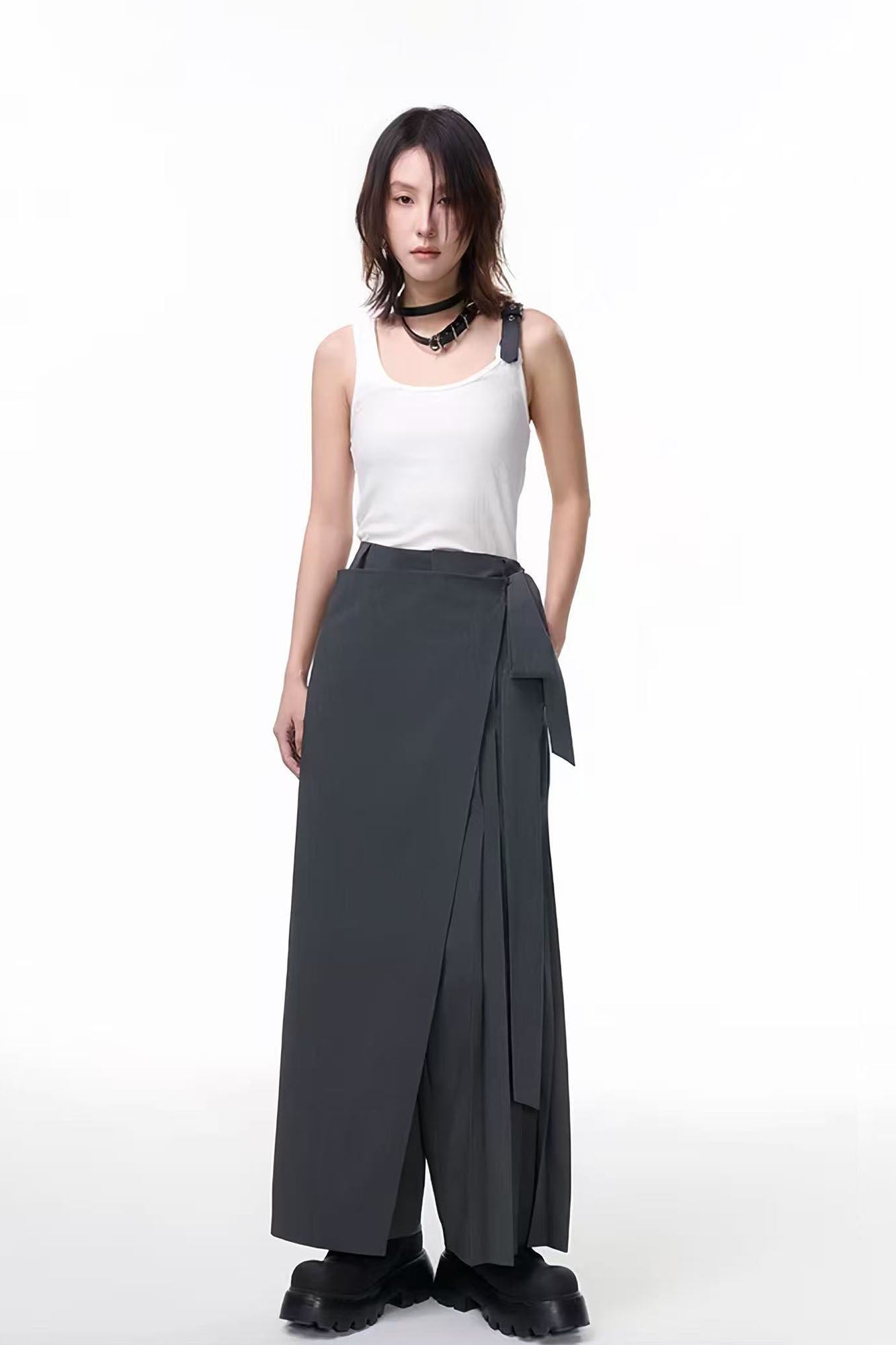 TUIMU Asymmetrical Wrap Pleated Wide-Leg Trousers, premium urban and streetwear designers apparel on PROJECTISR.com, TUIMU