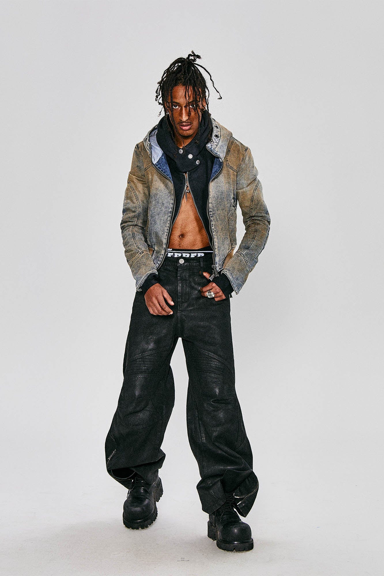 FLYERRER Distressed Spliced Studded Hooded Short Denim Jacket, premium urban and streetwear designers apparel on PROJECTISR.com, FLYERRER