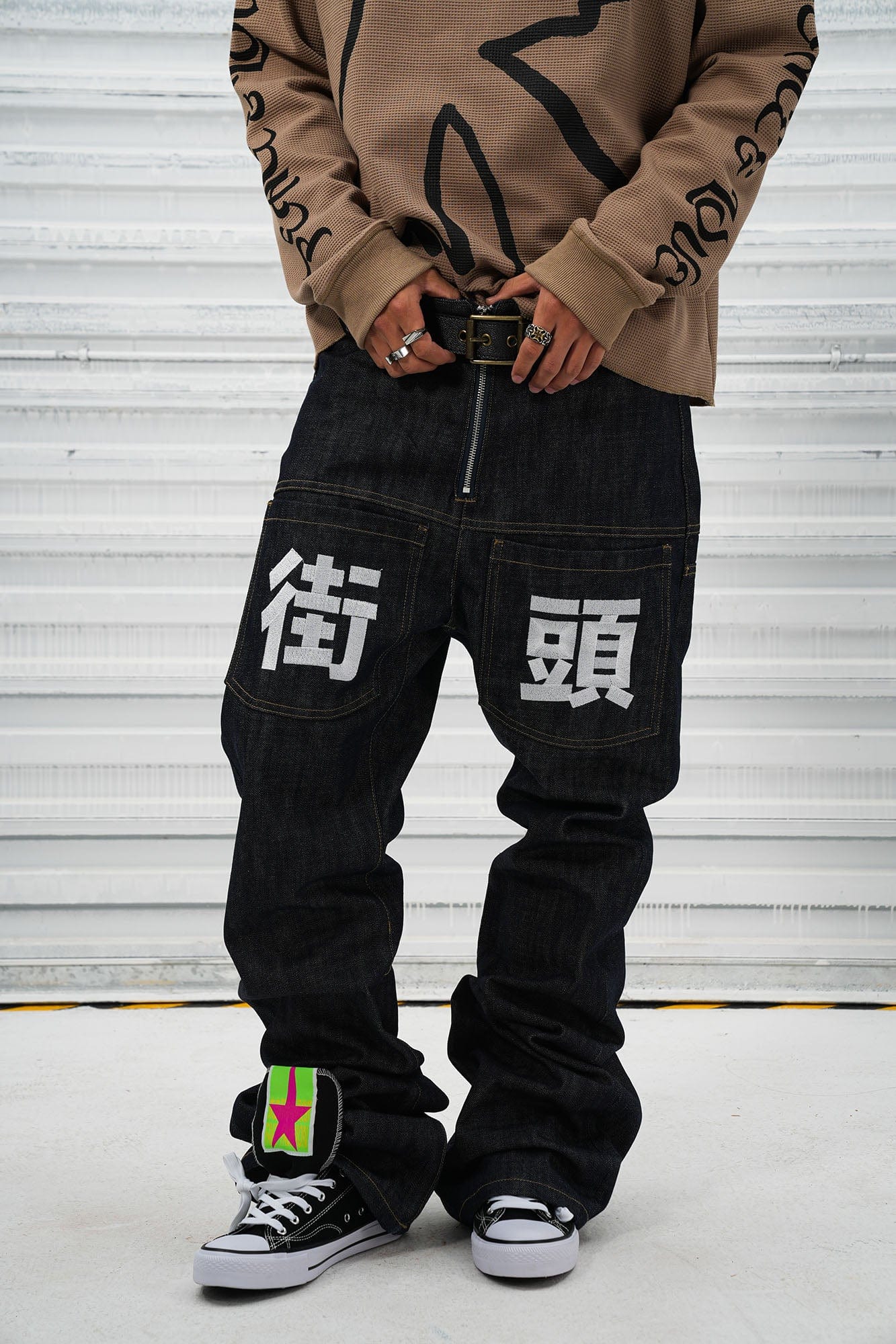 VINKID Street Kanji Graphic Panel Raw Jeans, premium urban and streetwear designers apparel on PROJECTISR.com, VINKID
