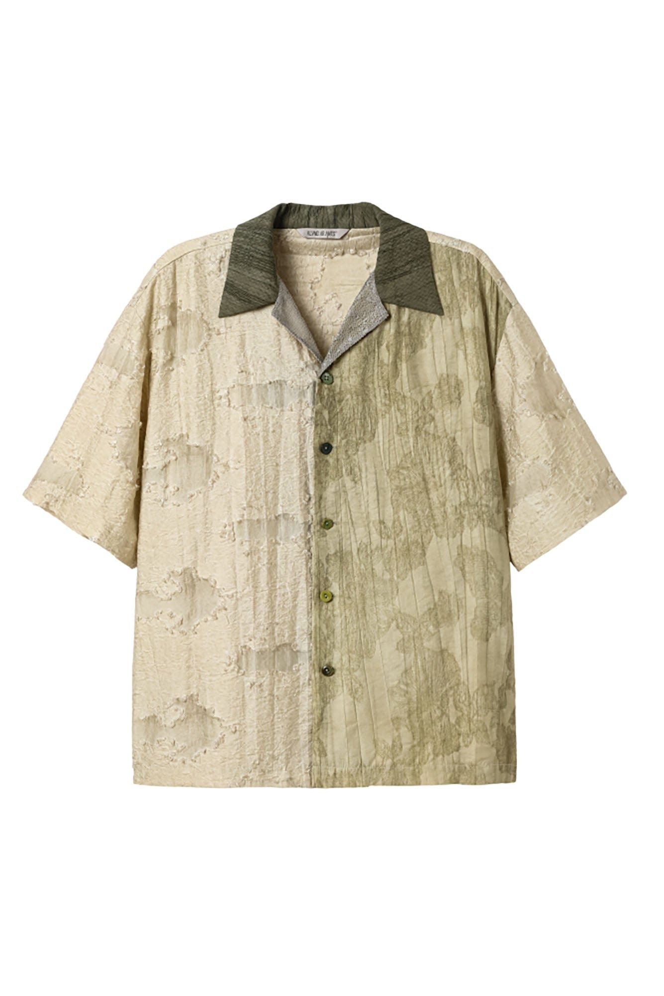 ALVNG AR ANTS Botanical Dyed Burnout Textured Spliced Half Shirt, premium urban and streetwear designers apparel on PROJECTISR.com, ALVNG AR ANTS