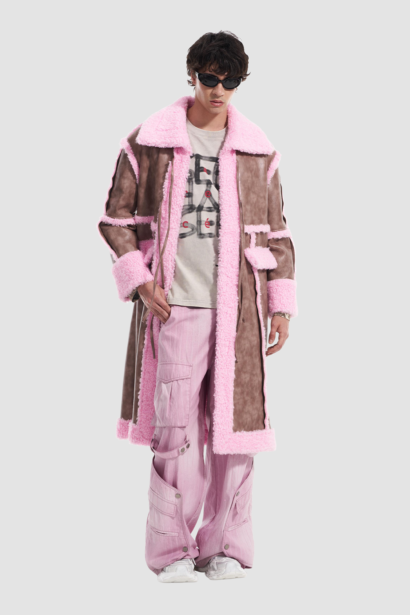 VANN VALRENCE Shearling-Trim Panel PU Long Coat