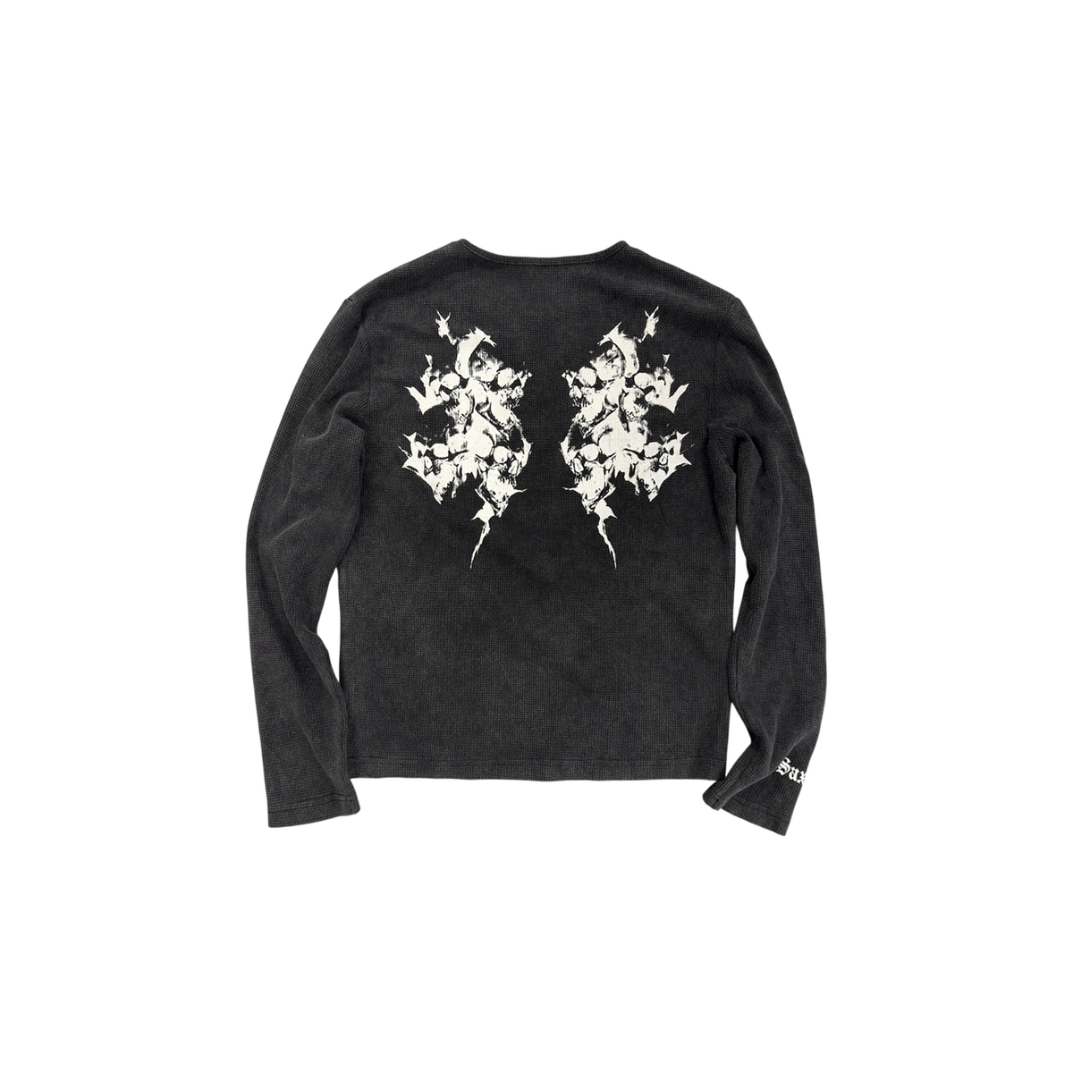 SAXGENWON Washed Skull Graphic Waffle-Knit Henley Long-Sleeve Tee