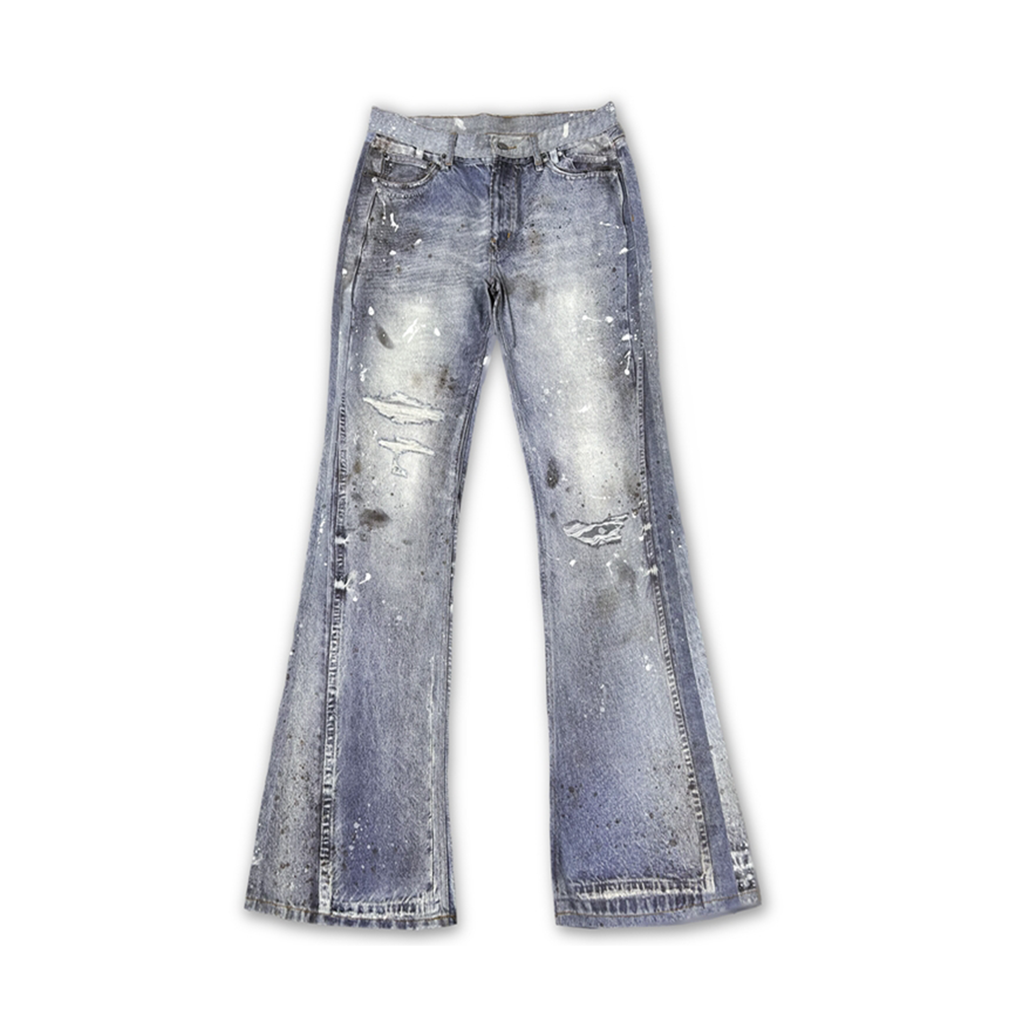 WANNA LAB Distressed Washed Paint-Splattered Flared Jeans