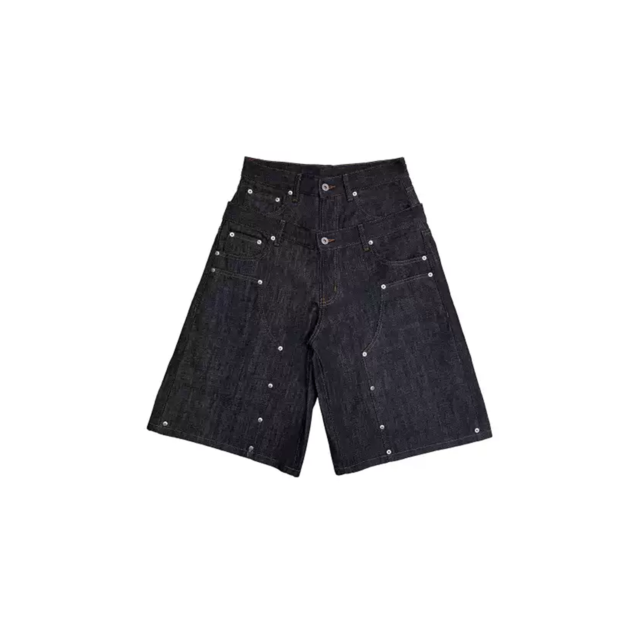 WANNA LAB Studded Double-Waistband Raw Denim Jeans