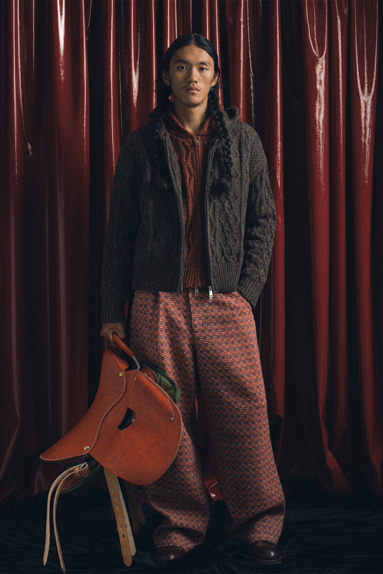 TRECLUB Nep Yarn Cable-Knit Zip-Up Hooded Cardigan