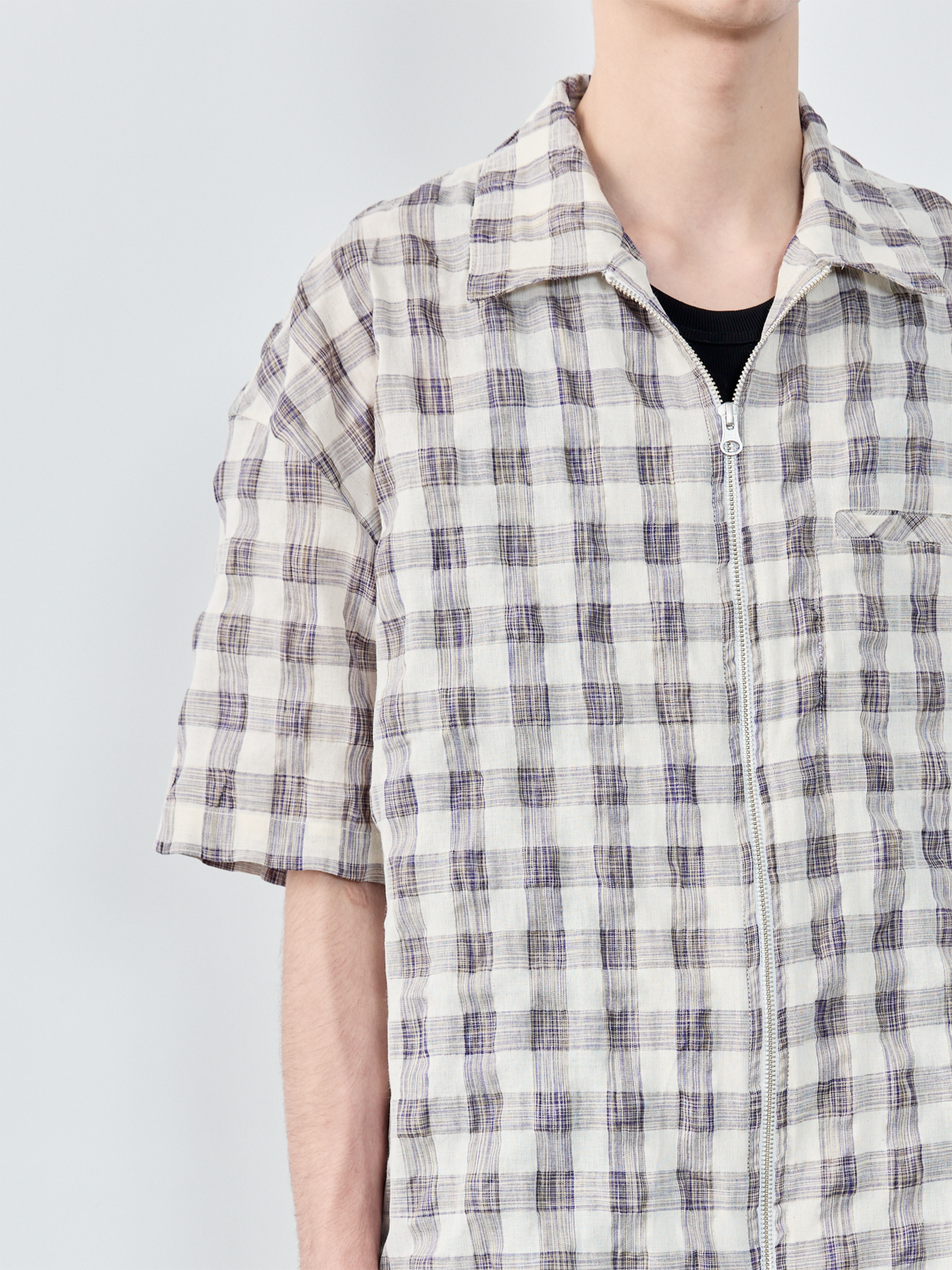 GRAINMUSTARD Retro Plaid Zip Half Shirt, premium urban and streetwear designers apparel on PROJECTISR.com, GRAINMUSTARD