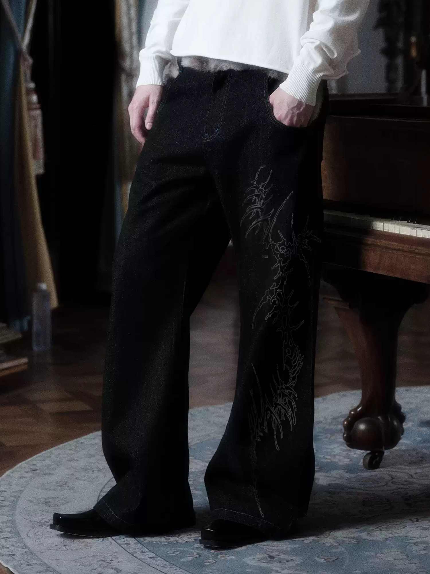 WANNA LAB Laser-Burned Spliced-Waist Jeans
