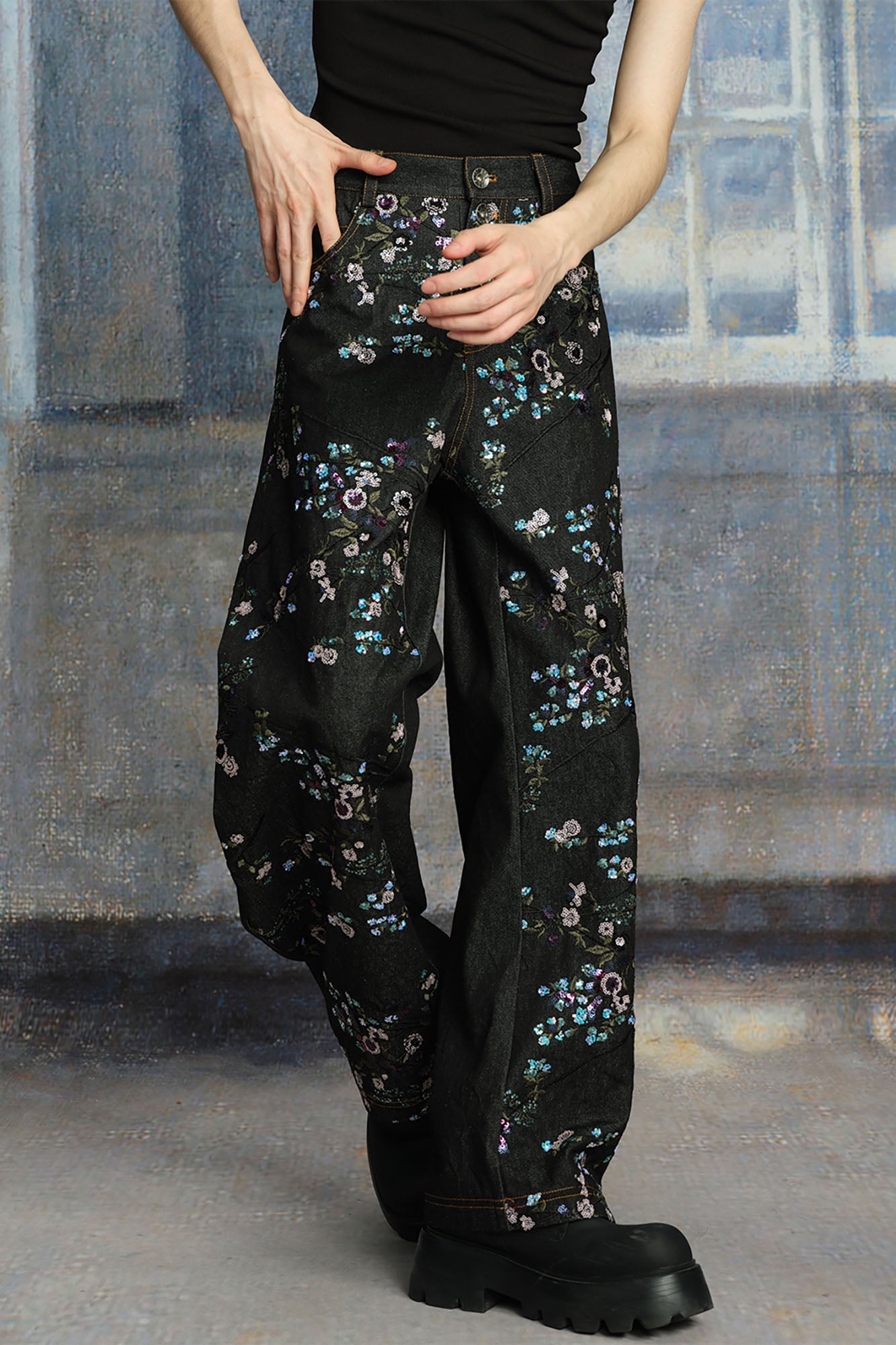 TUIMU Beaded Floral Embroidered Wide-Leg Denim Trousers, premium urban and streetwear designers apparel on PROJECTISR.com, TUIMU