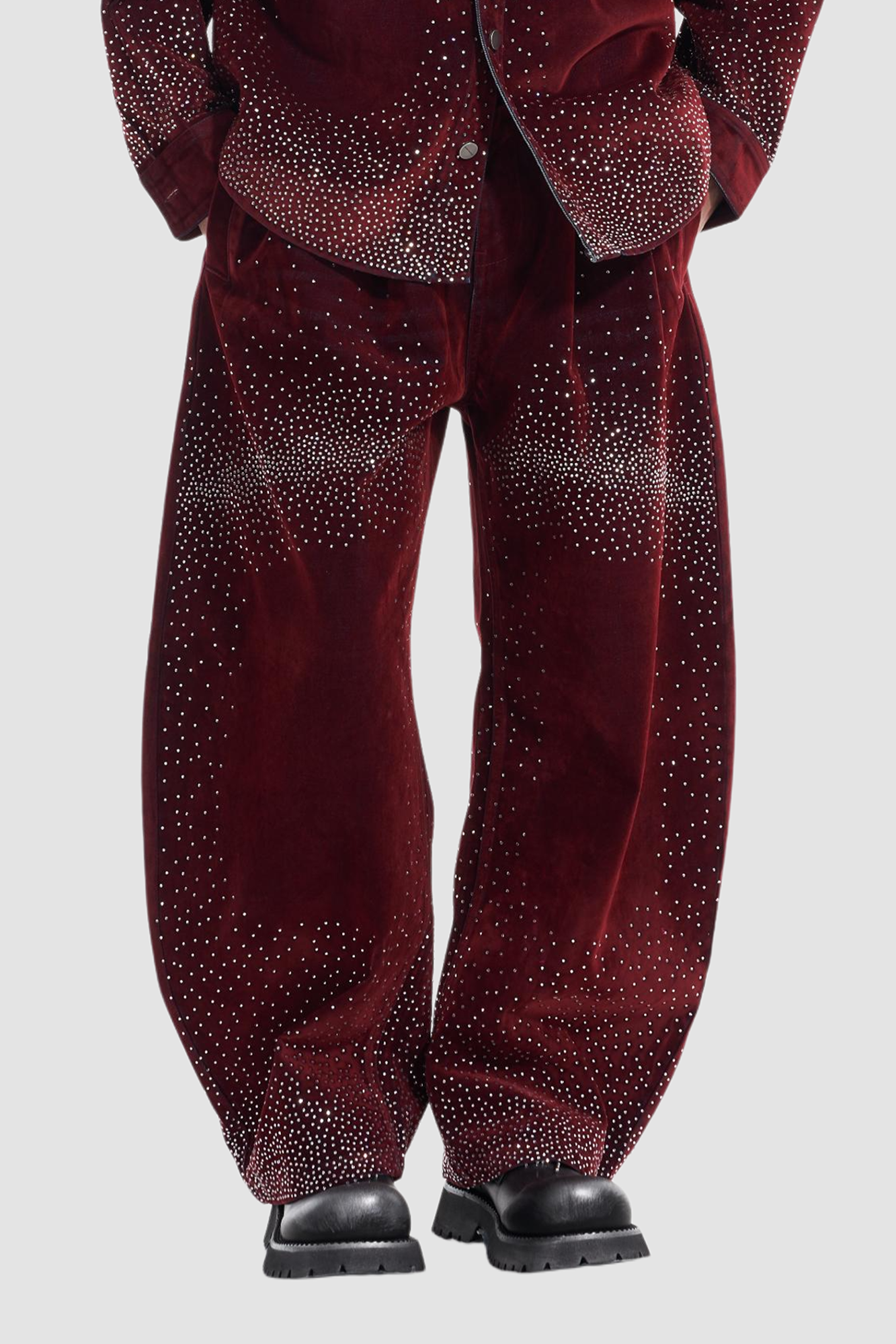 VANN VALRENCE Diamond-Studded Velvet Barrel Leg Trousers