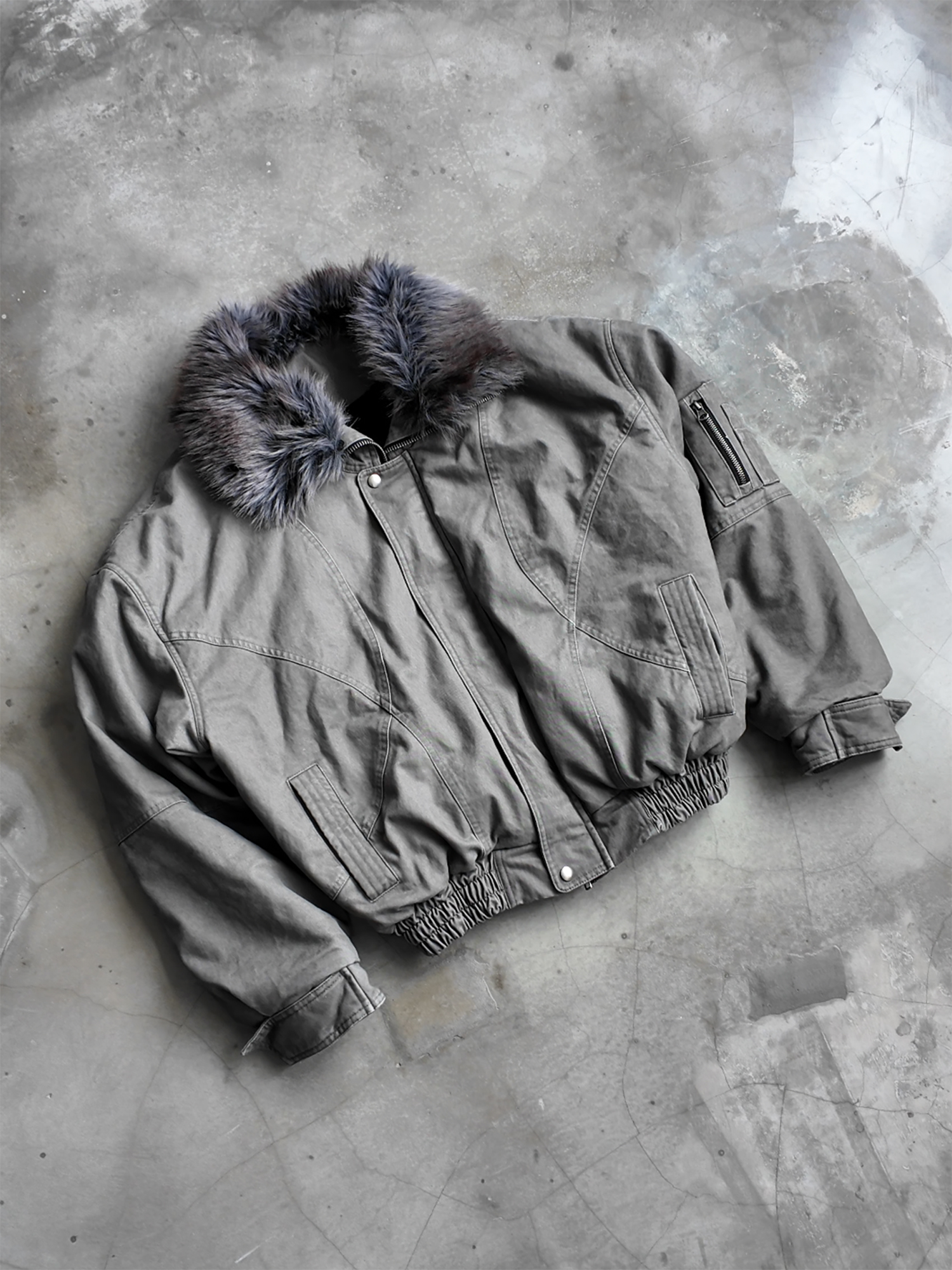 TRECLUB Faux-Fur Lining Washed Bomber Jacket