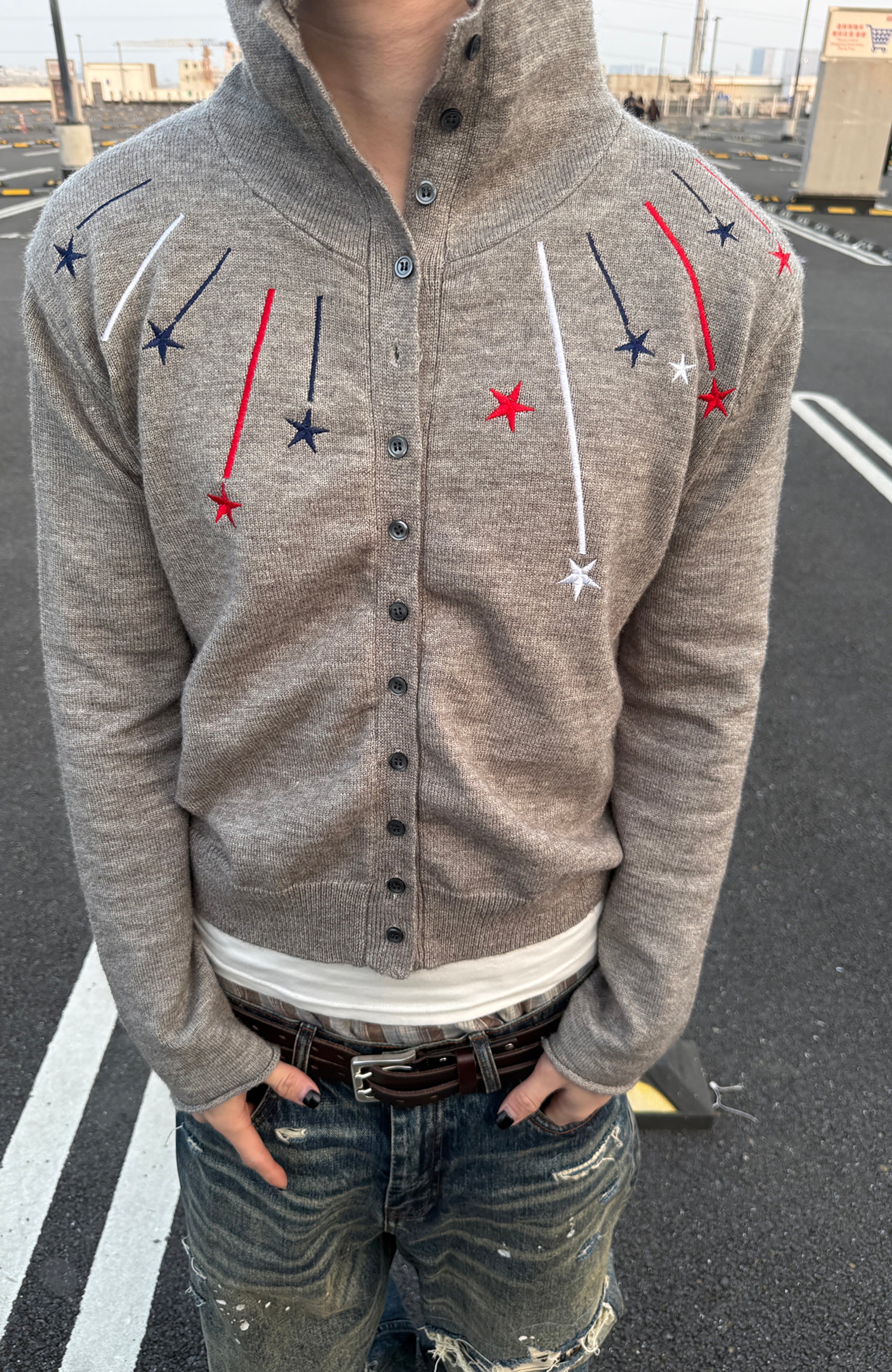 TRECLUB Star Embroidered Knit Hooded Cardigan, premium urban and streetwear designers apparel on PROJECTISR.com, TRECLUB