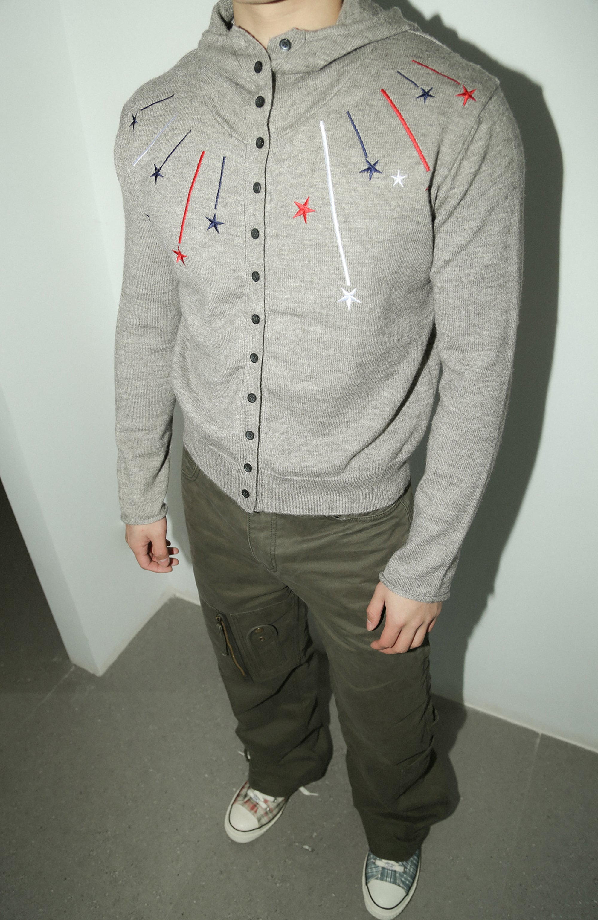 TRECLUB Star Embroidered Knit Hooded Cardigan, premium urban and streetwear designers apparel on PROJECTISR.com, TRECLUB