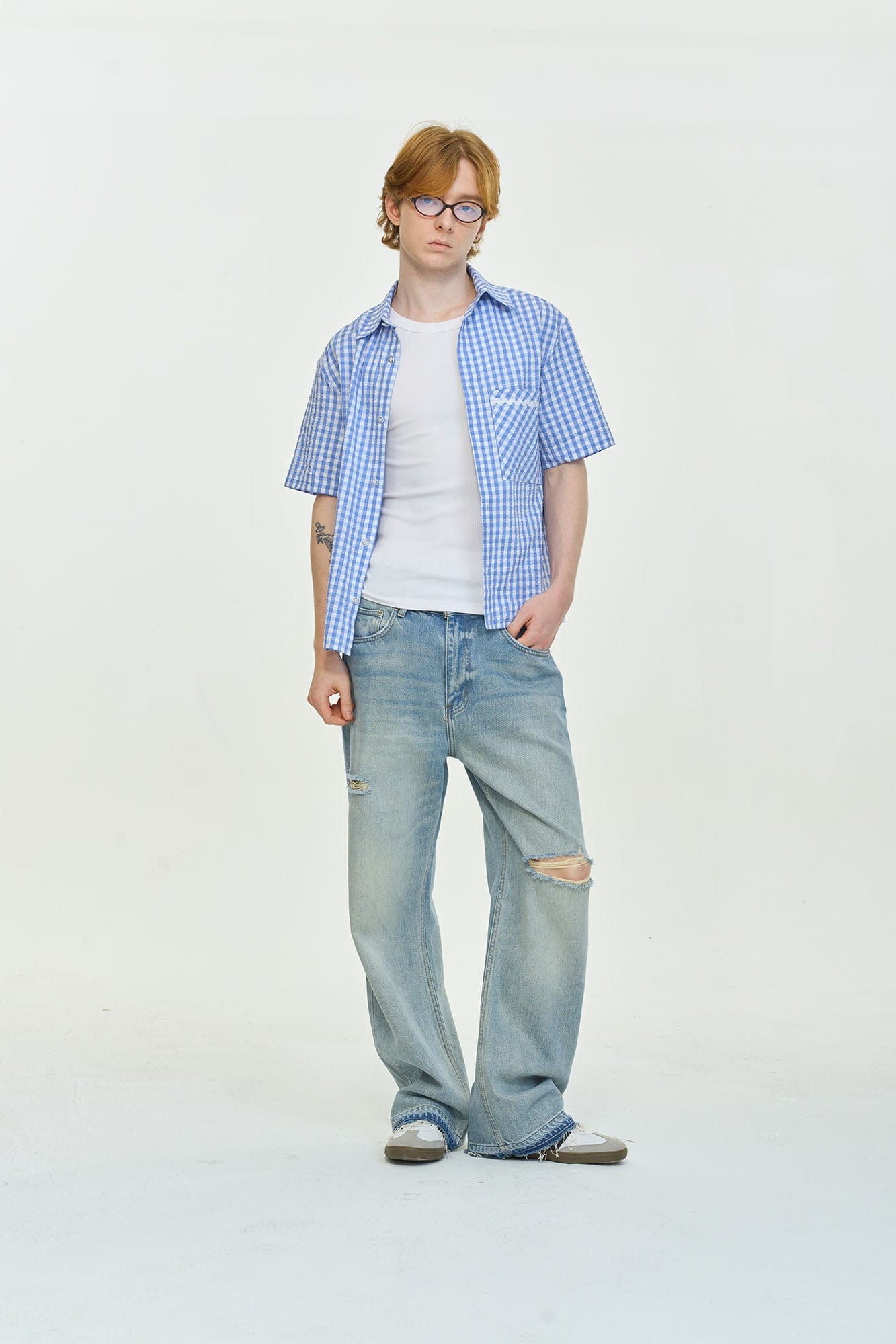 LEONSENSE Washed Ripped Frayed Straight-Leg Jeans, premium urban and streetwear designers apparel on PROJECTISR.com, LEONSENSE