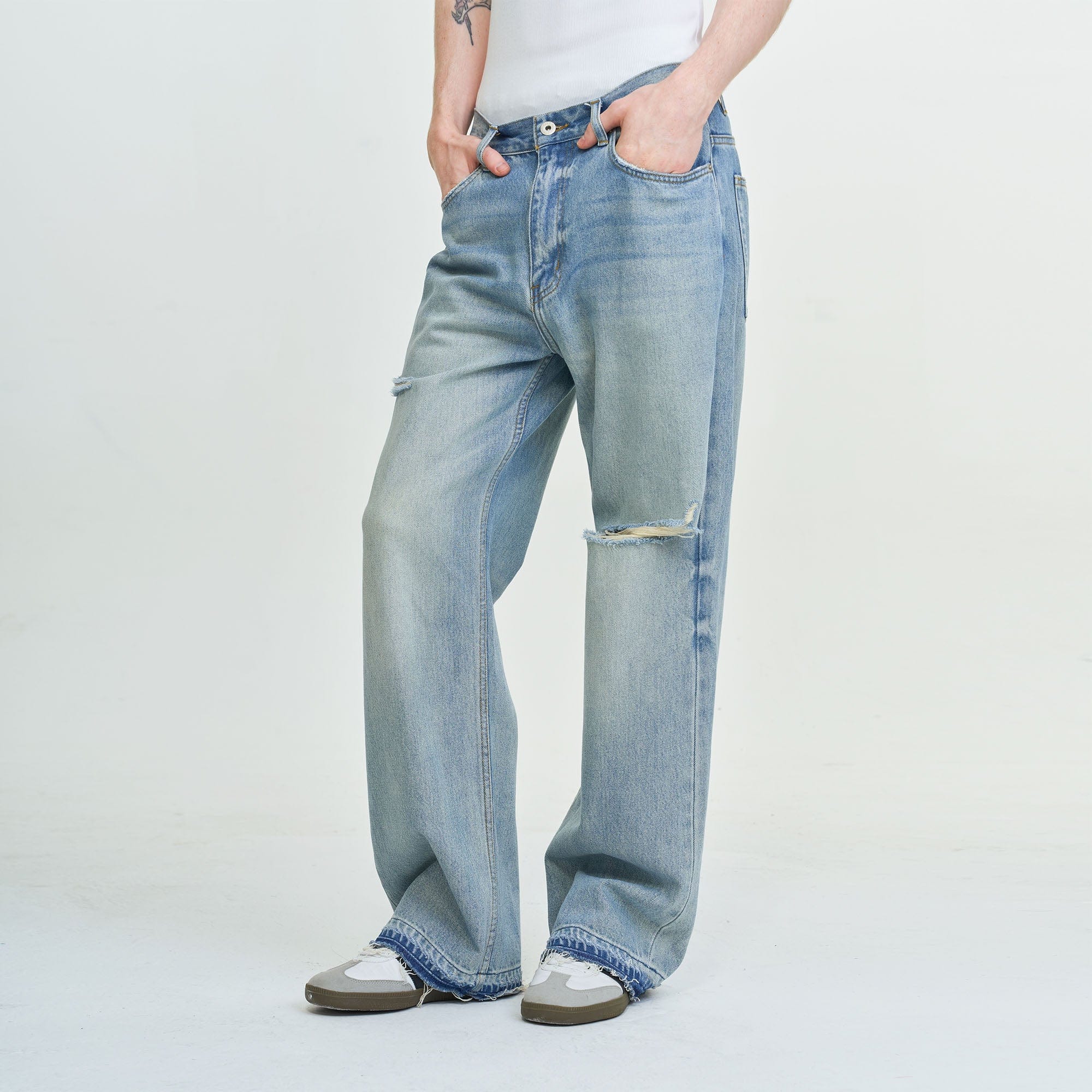 LEONSENSE Washed Ripped Frayed Straight-Leg Jeans, premium urban and streetwear designers apparel on PROJECTISR.com, LEONSENSE