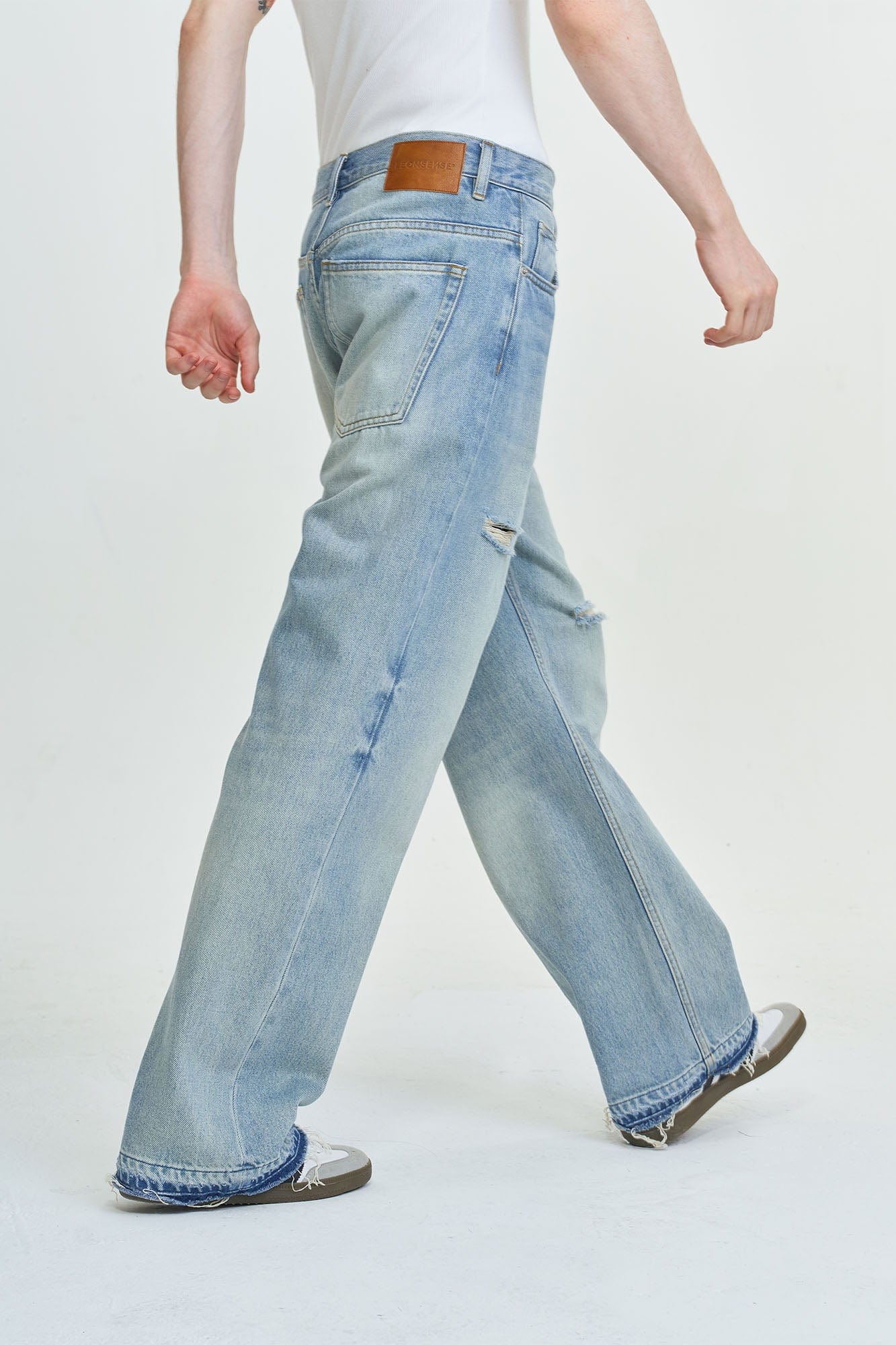 LEONSENSE Washed Ripped Frayed Straight-Leg Jeans, premium urban and streetwear designers apparel on PROJECTISR.com, LEONSENSE