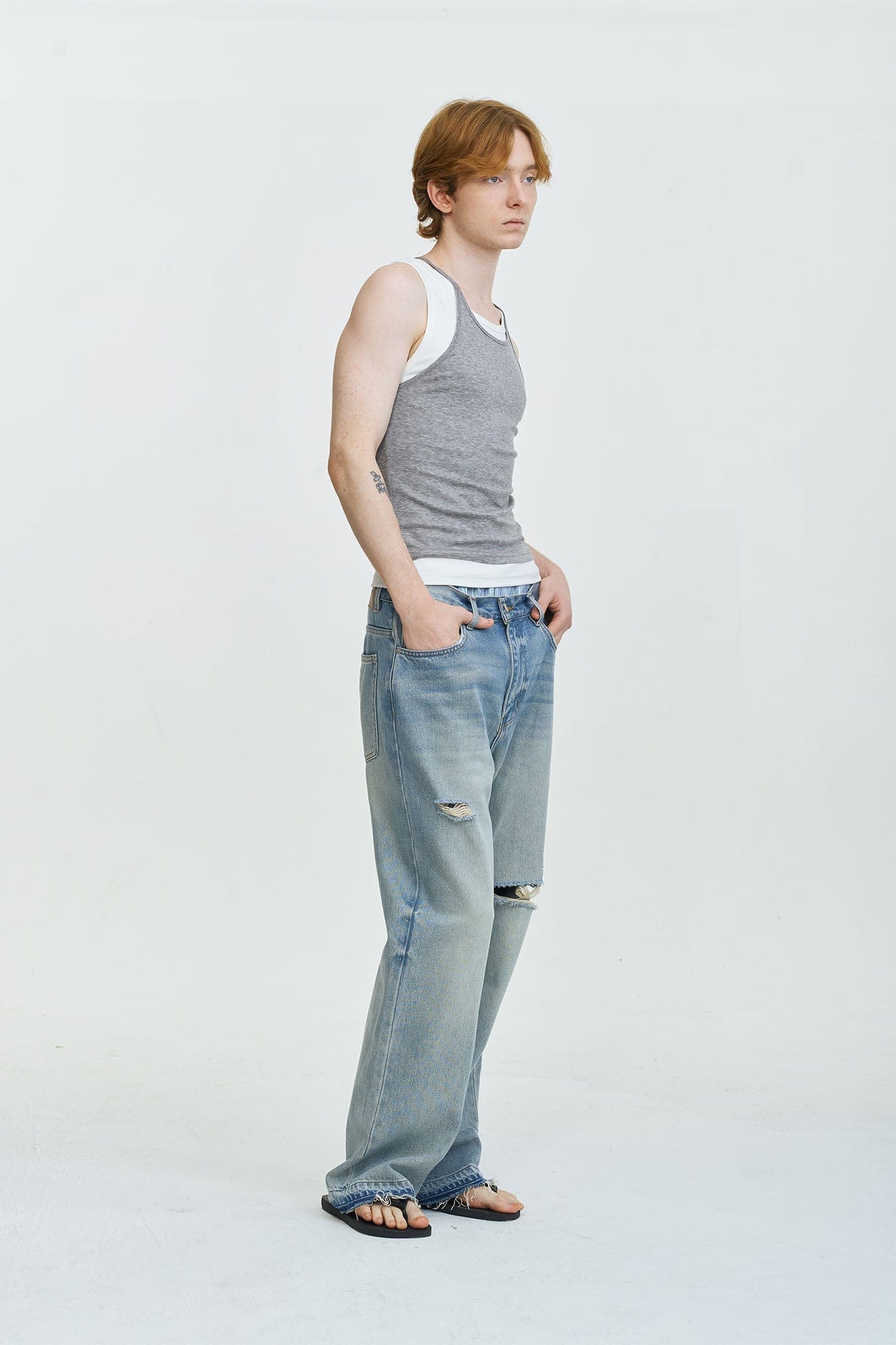 LEONSENSE Washed Ripped Frayed Straight-Leg Jeans, premium urban and streetwear designers apparel on PROJECTISR.com, LEONSENSE