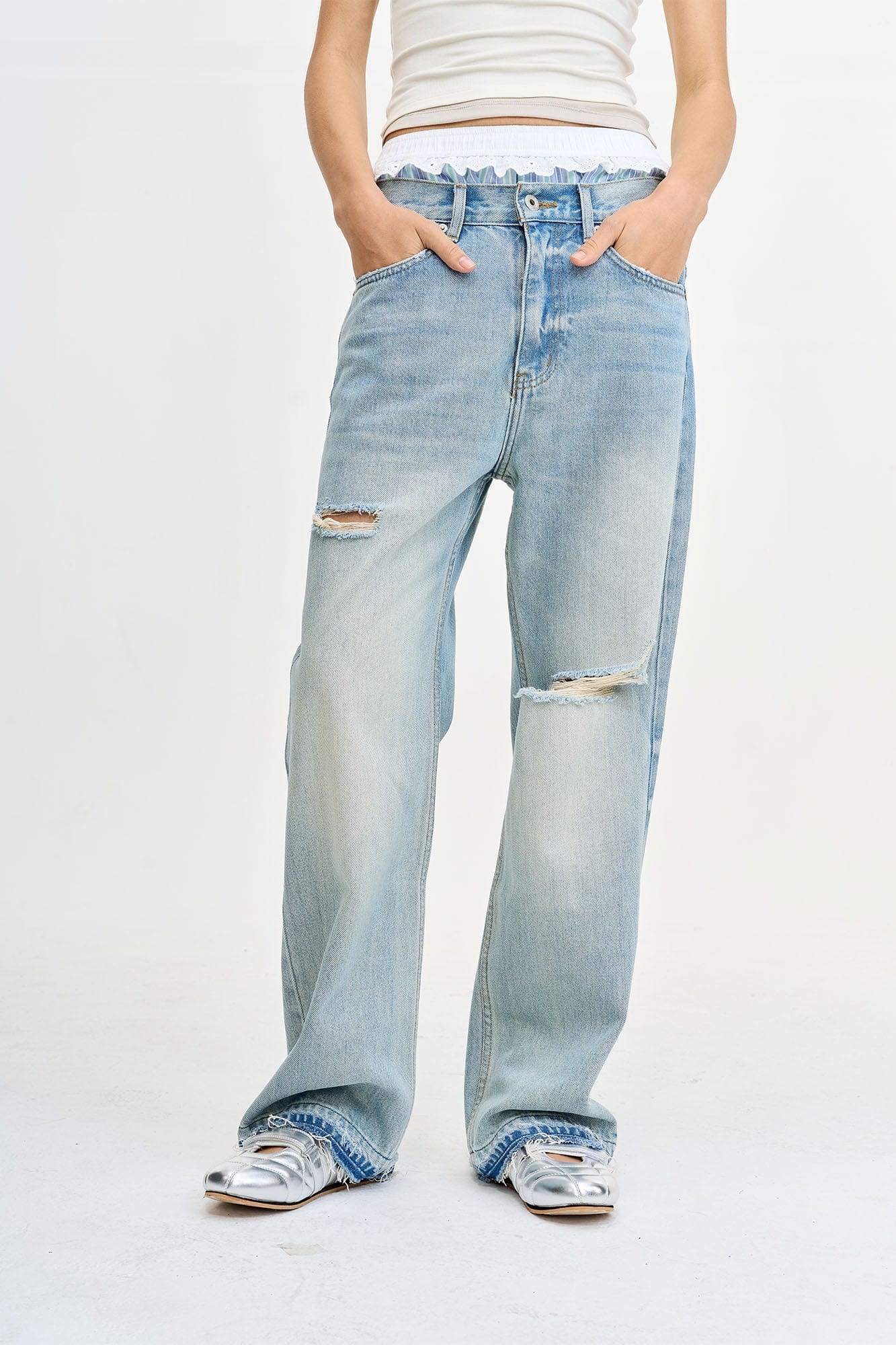 LEONSENSE Washed Ripped Frayed Straight-Leg Jeans, premium urban and streetwear designers apparel on PROJECTISR.com, LEONSENSE