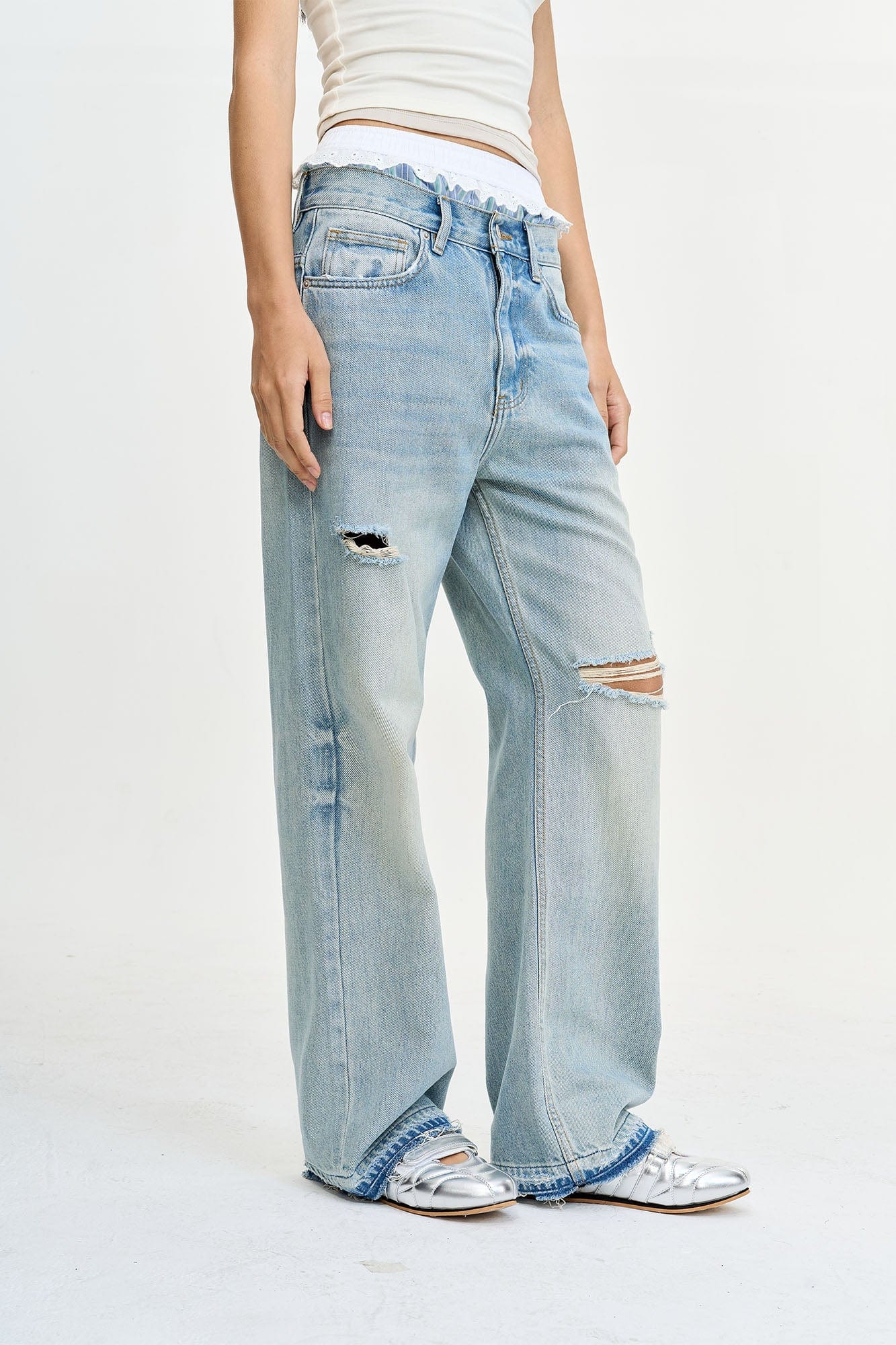 LEONSENSE Washed Ripped Frayed Straight-Leg Jeans, premium urban and streetwear designers apparel on PROJECTISR.com, LEONSENSE