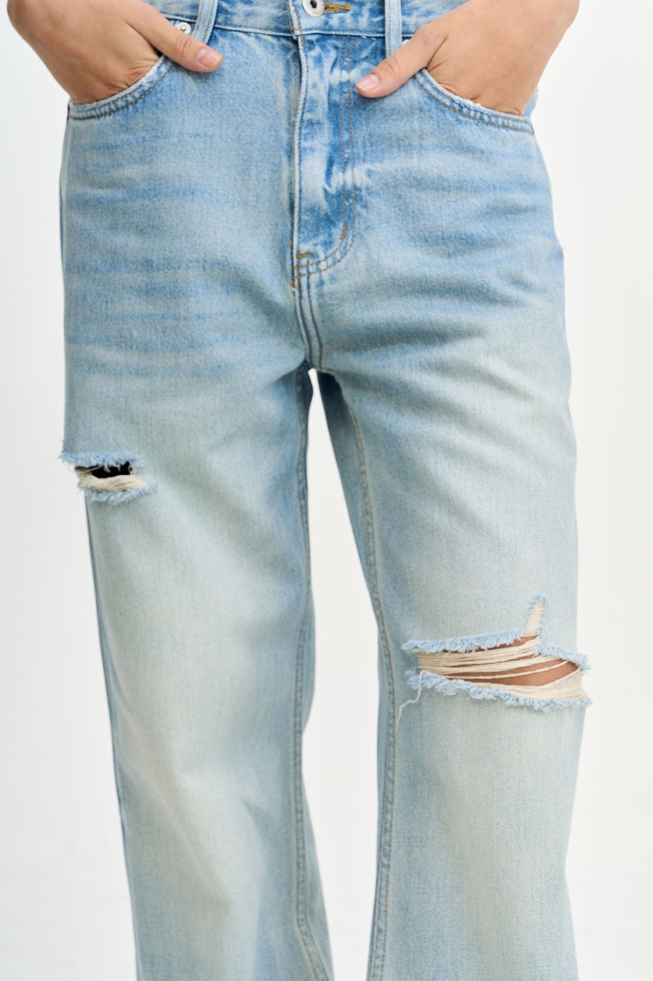 LEONSENSE Washed Ripped Frayed Straight-Leg Jeans, premium urban and streetwear designers apparel on PROJECTISR.com, LEONSENSE
