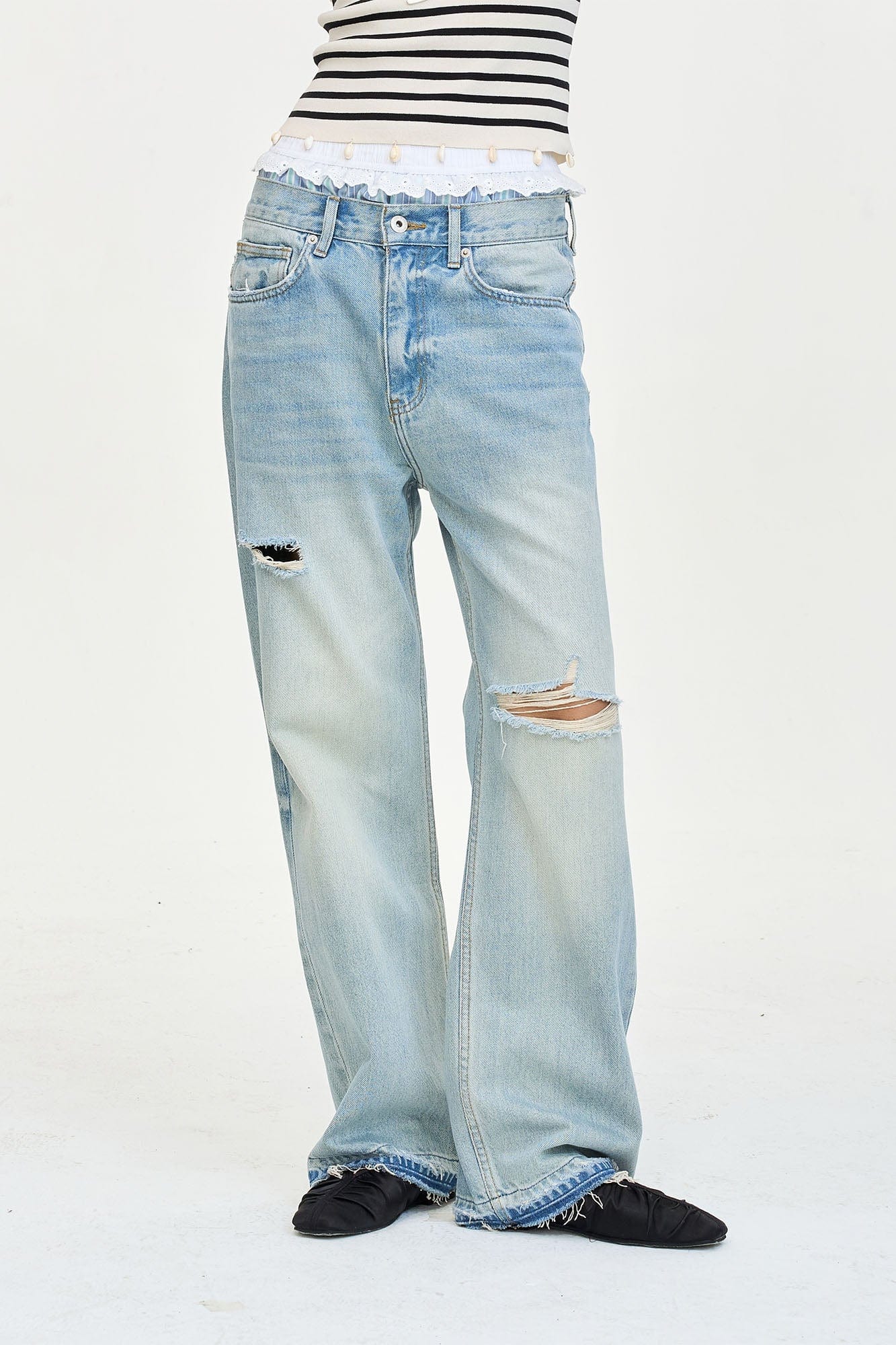 LEONSENSE Washed Ripped Frayed Straight-Leg Jeans, premium urban and streetwear designers apparel on PROJECTISR.com, LEONSENSE