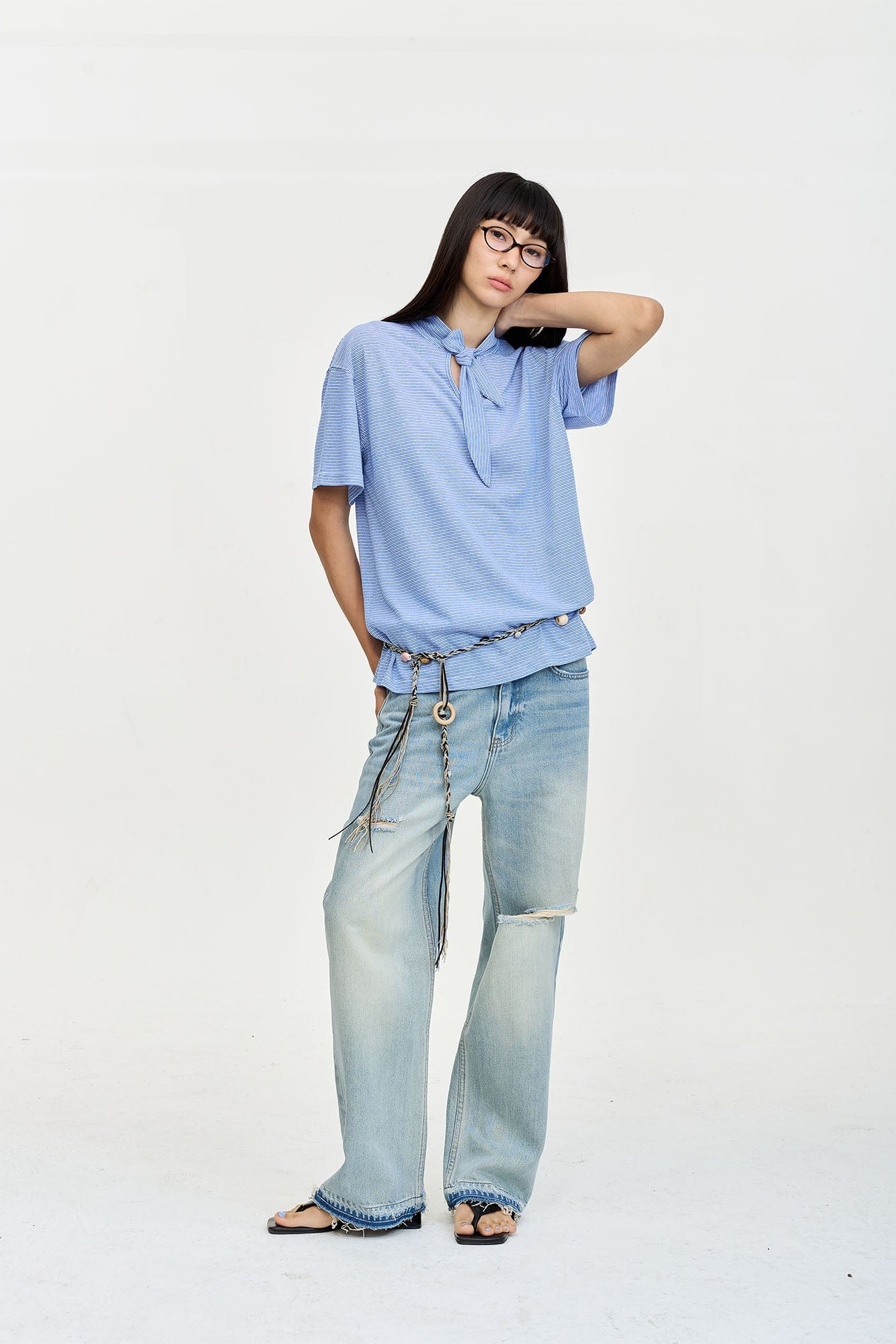 LEONSENSE Washed Ripped Frayed Straight-Leg Jeans, premium urban and streetwear designers apparel on PROJECTISR.com, LEONSENSE