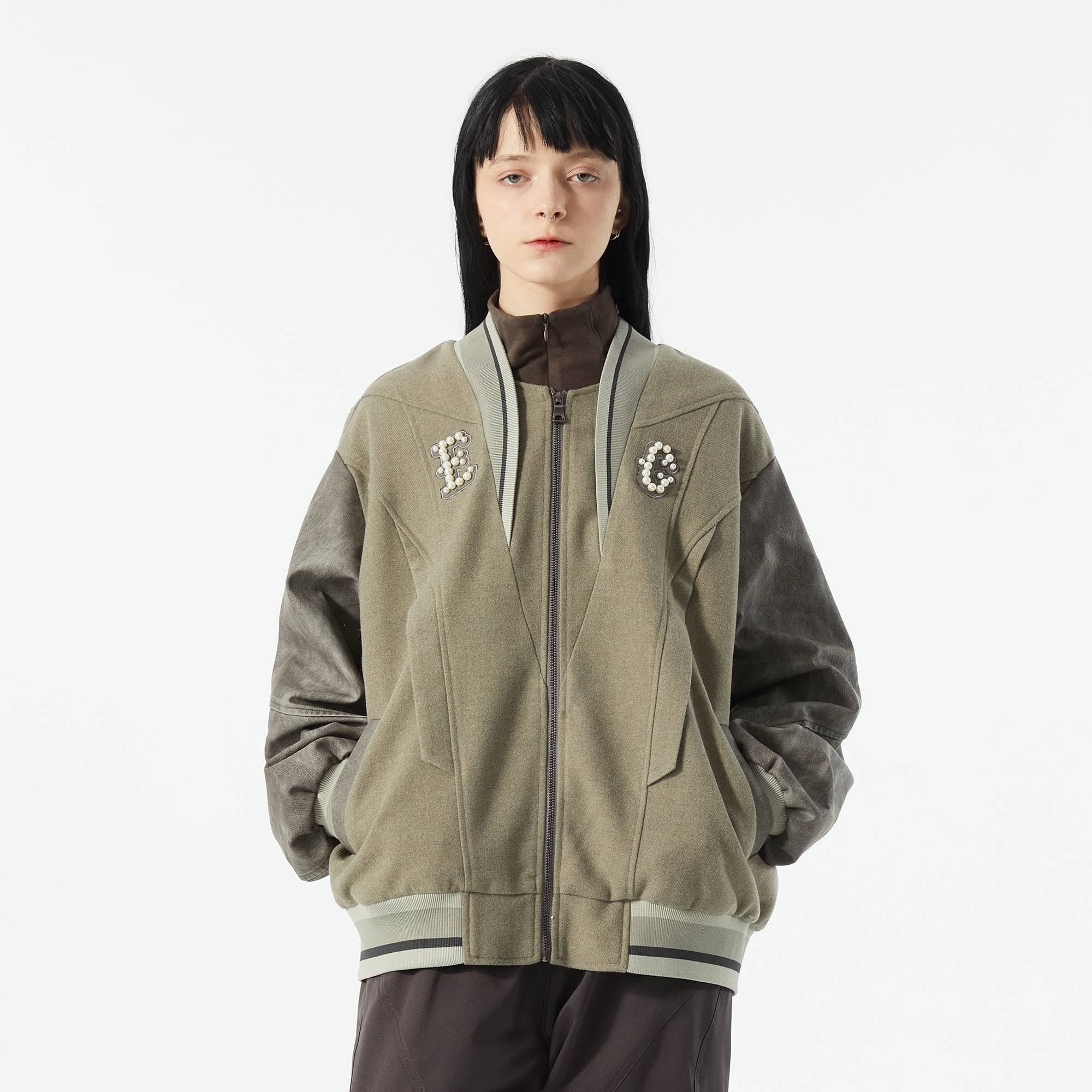 ERROR CODE ROBOT Pearl Embellished Paneled Varsity Jacket, premium urban and streetwear designers apparel on PROJECTISR.com, ERROR CODE ROBOT