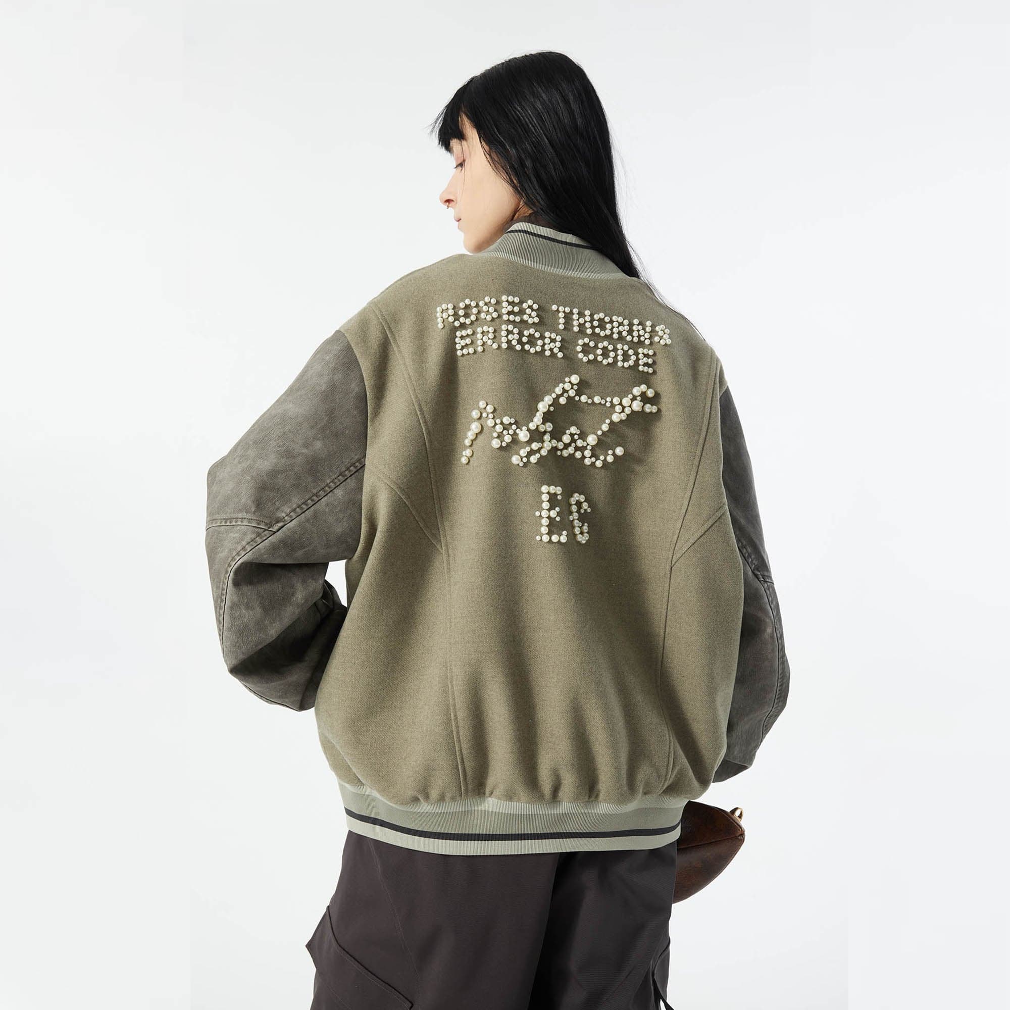 ERROR CODE ROBOT Pearl Embellished Paneled Varsity Jacket, premium urban and streetwear designers apparel on PROJECTISR.com, ERROR CODE ROBOT