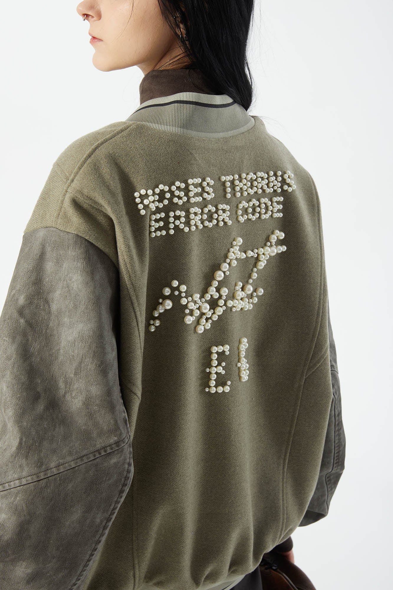 ERROR CODE ROBOT Pearl Embellished Paneled Varsity Jacket, premium urban and streetwear designers apparel on PROJECTISR.com, ERROR CODE ROBOT