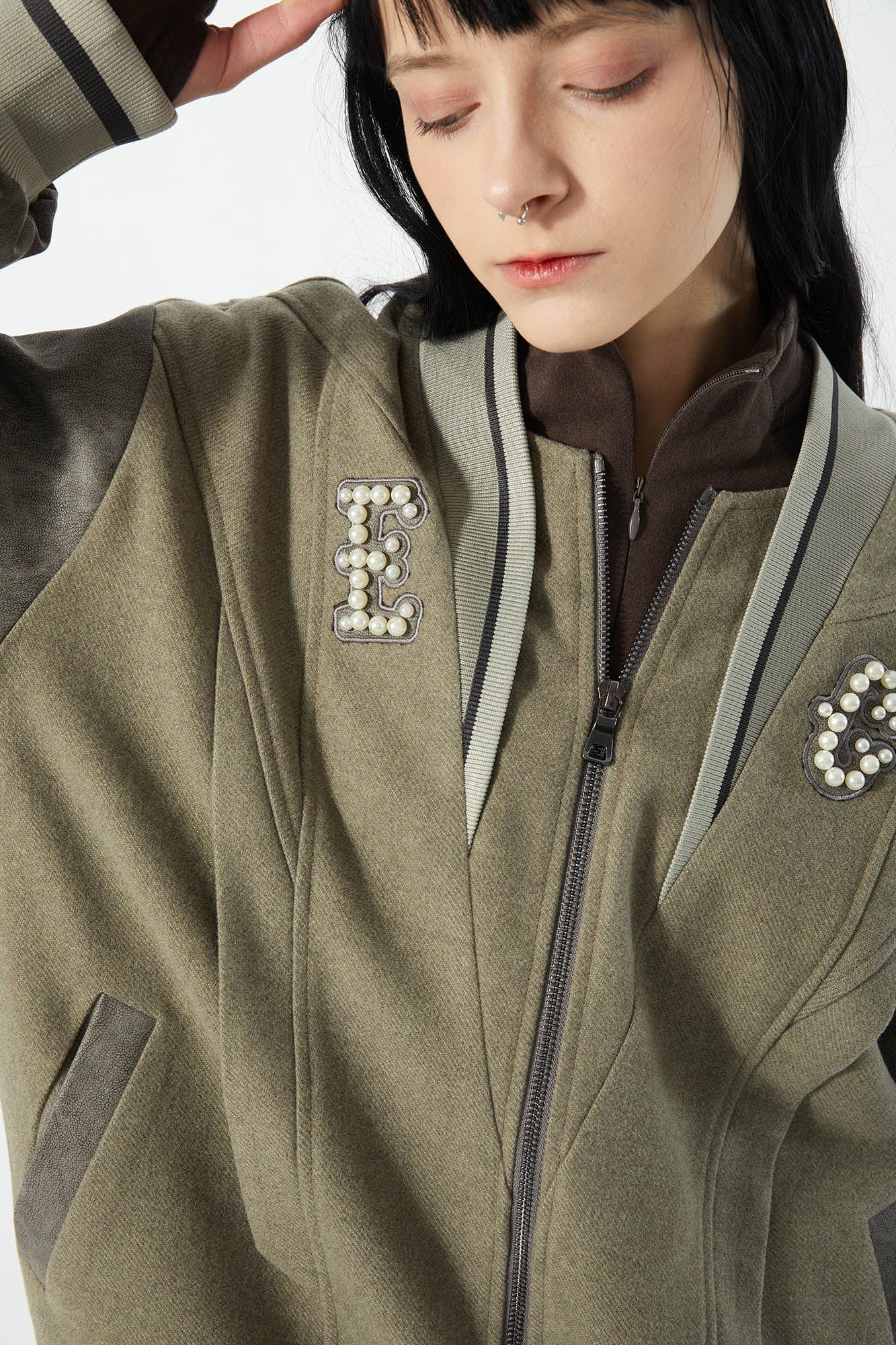 ERROR CODE ROBOT Pearl Embellished Paneled Varsity Jacket, premium urban and streetwear designers apparel on PROJECTISR.com, ERROR CODE ROBOT