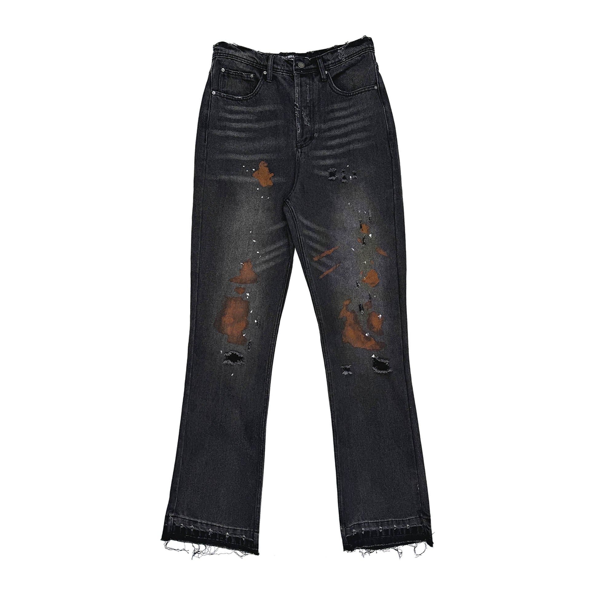 RICHILL Rust-Stained Distressed Flared Jeans, premium urban and streetwear designers apparel on PROJECTISR.com, RICHILL