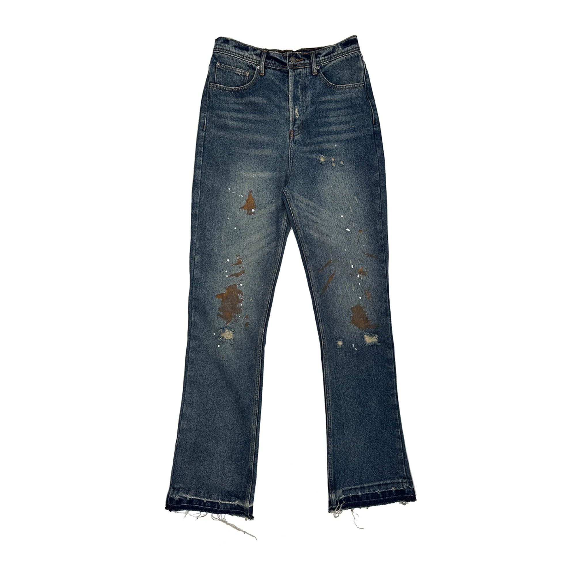 RICHILL Rust-Stained Distressed Flared Jeans, premium urban and streetwear designers apparel on PROJECTISR.com, RICHILL