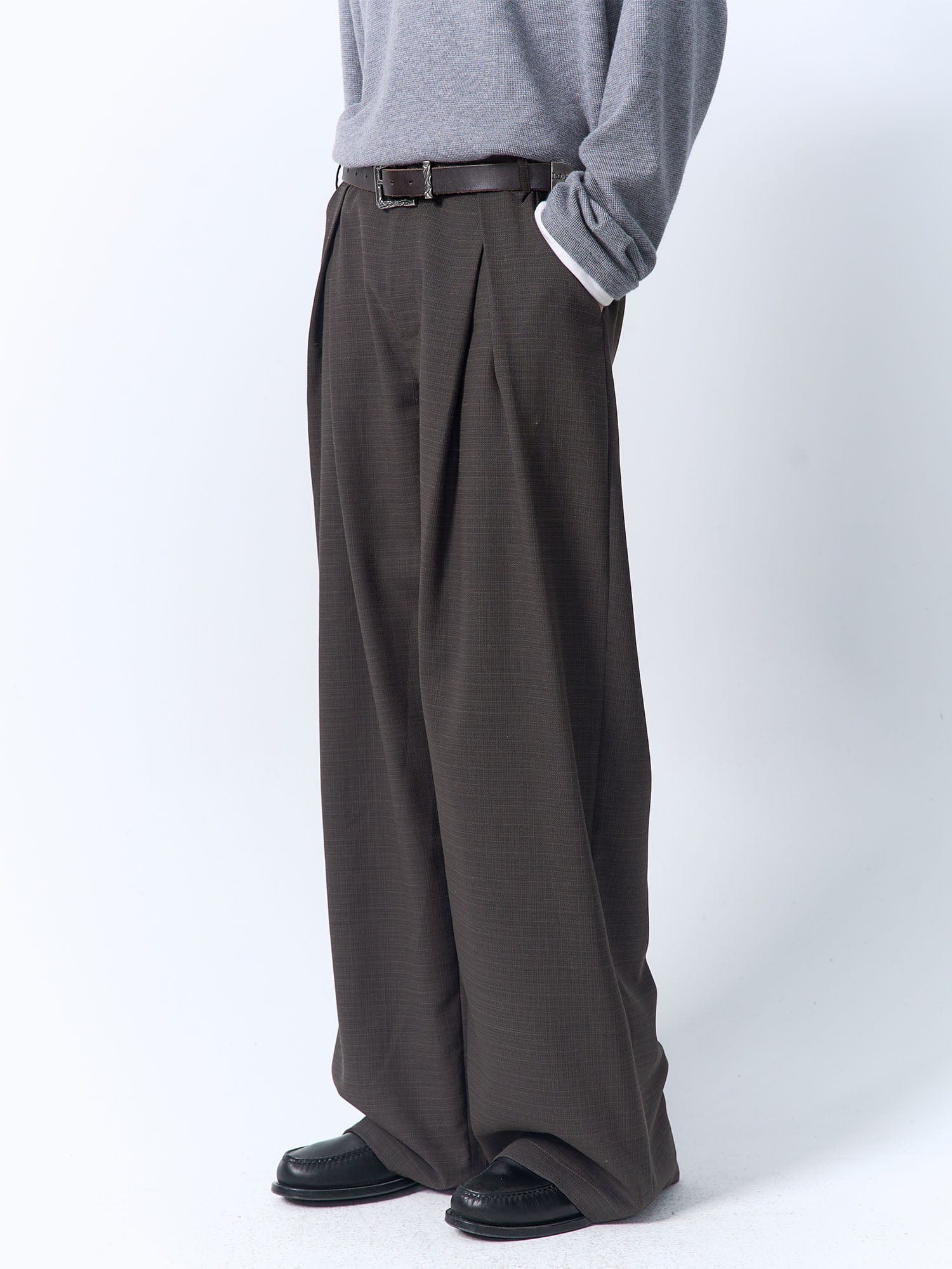 IN EXISTENCE Inverted Pleats Mini Check Wide-Leg Trousers, premium urban and streetwear designers apparel on PROJECTISR.com, IN EXISTENCE