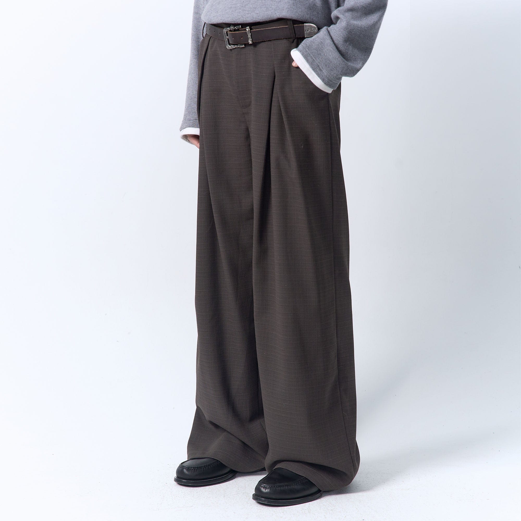IN EXISTENCE Inverted Pleats Mini Check Wide-Leg Trousers, premium urban and streetwear designers apparel on PROJECTISR.com, IN EXISTENCE