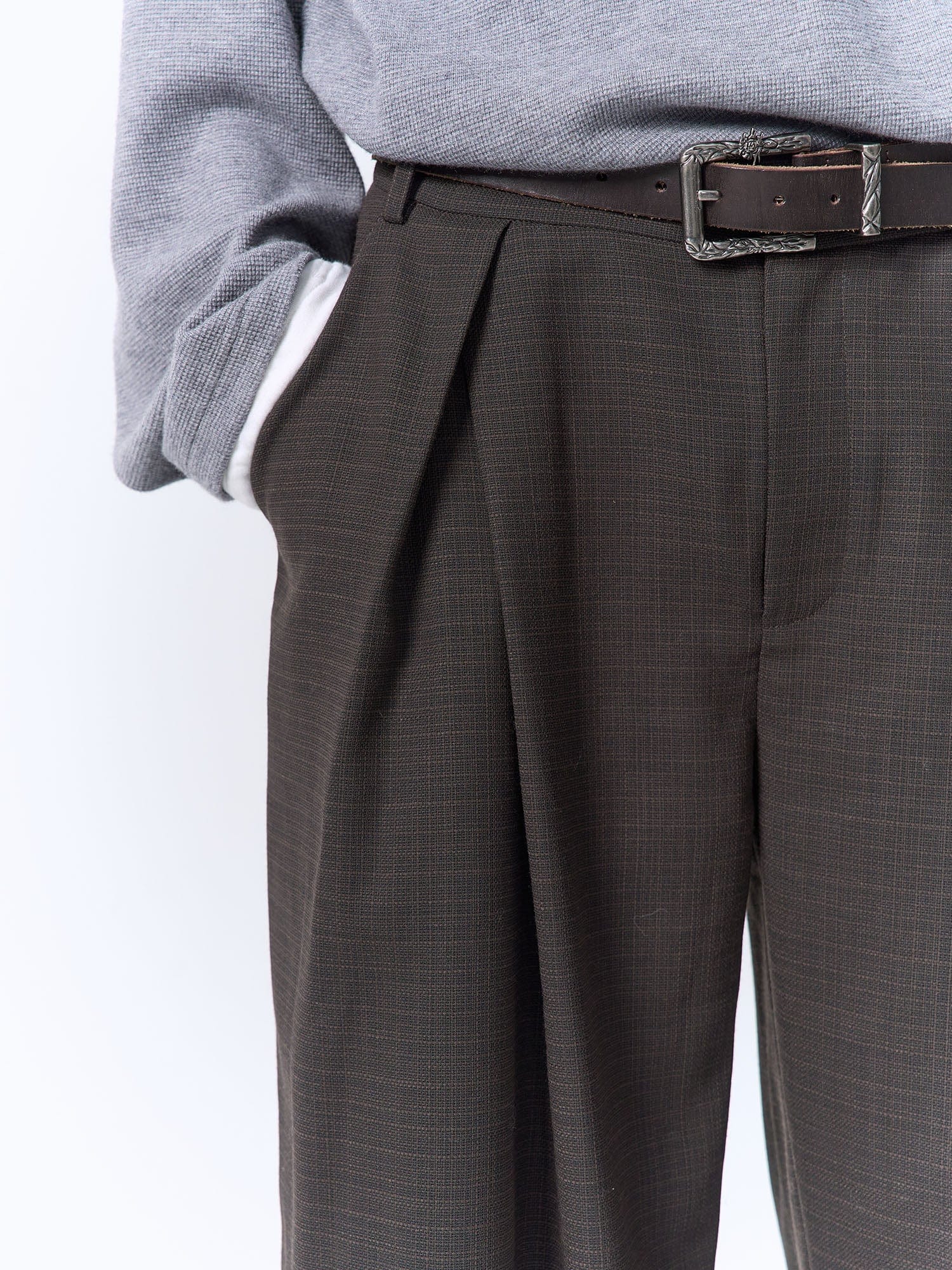 IN EXISTENCE Inverted Pleats Mini Check Wide-Leg Trousers, premium urban and streetwear designers apparel on PROJECTISR.com, IN EXISTENCE