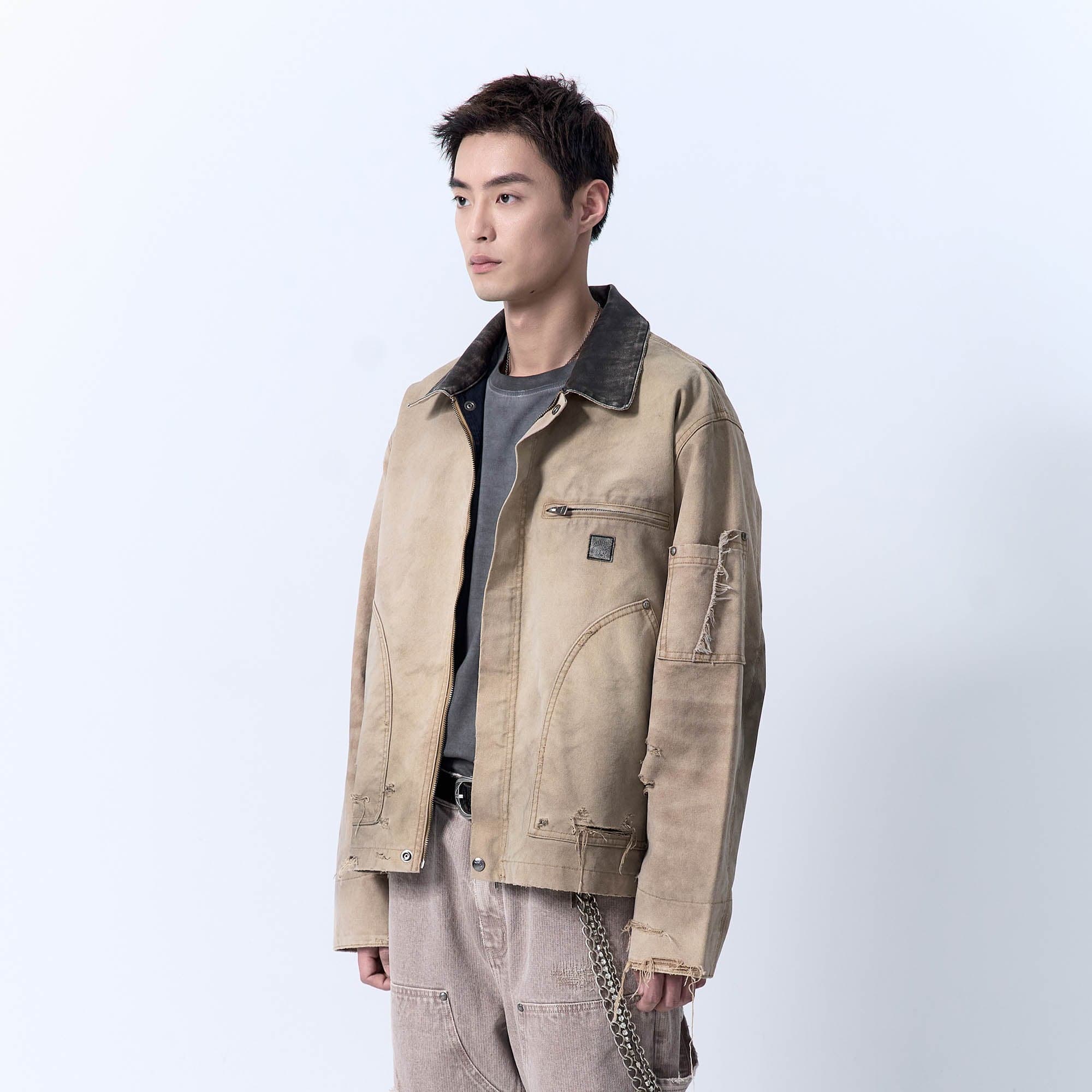 IN EXISTENCE Dirty-Washed Contrast Collar Detroit Jacket, premium urban and streetwear designers apparel on PROJECTISR.com, IN EXISTENCE