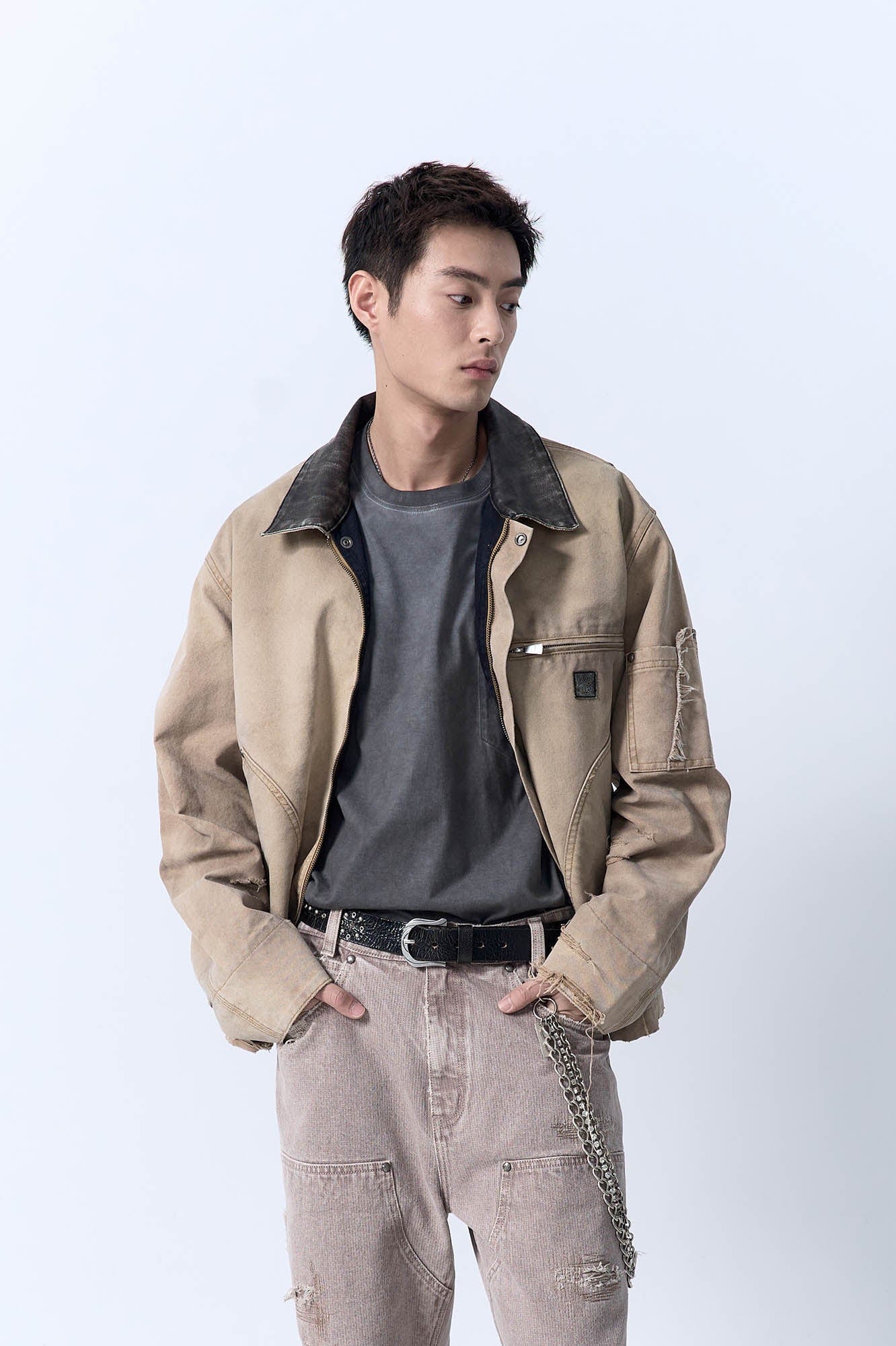 IN EXISTENCE Dirty-Washed Contrast Collar Detroit Jacket, premium urban and streetwear designers apparel on PROJECTISR.com, IN EXISTENCE