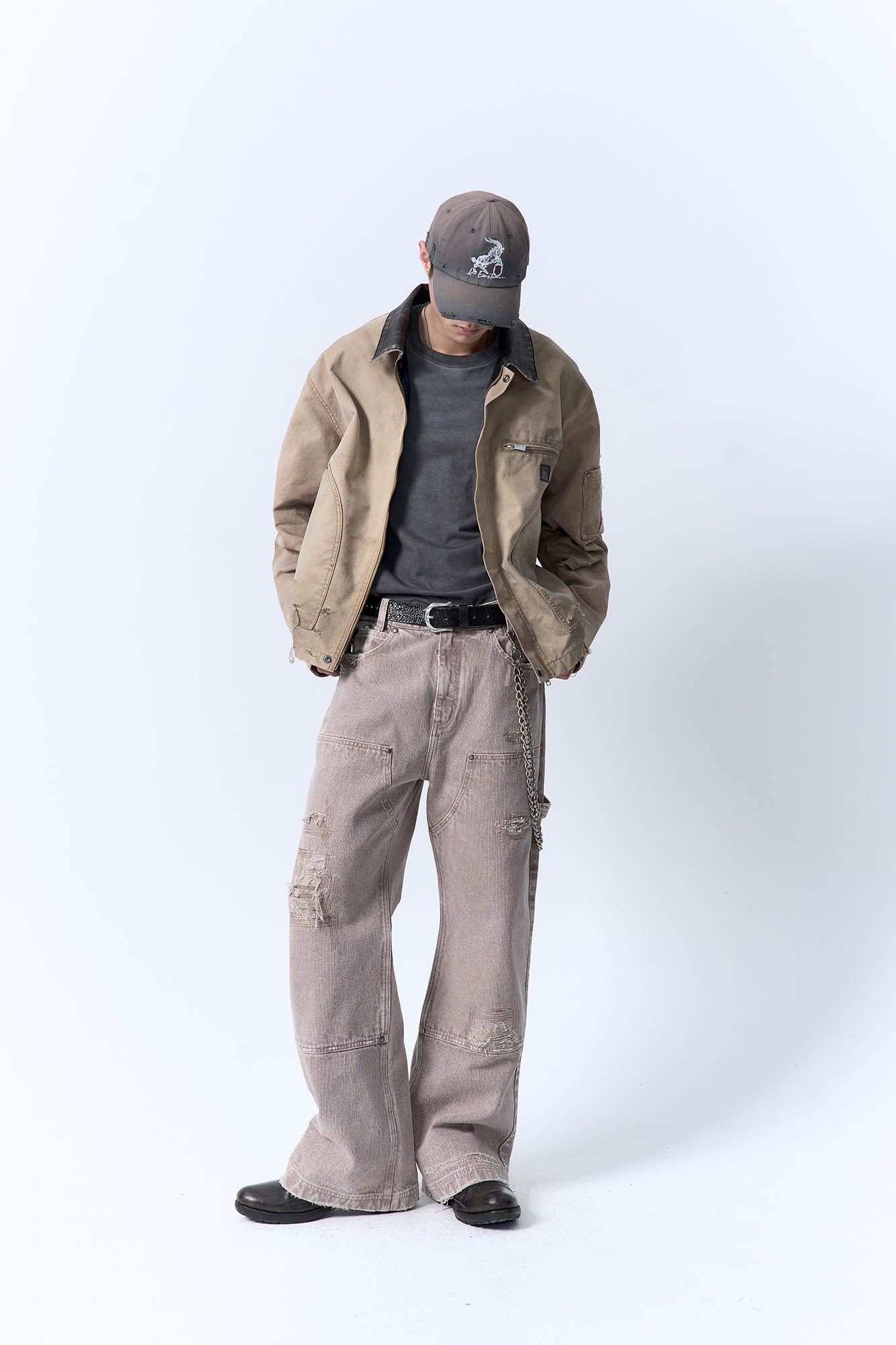 IN EXISTENCE Dirty-Washed Contrast Collar Detroit Jacket, premium urban and streetwear designers apparel on PROJECTISR.com, IN EXISTENCE