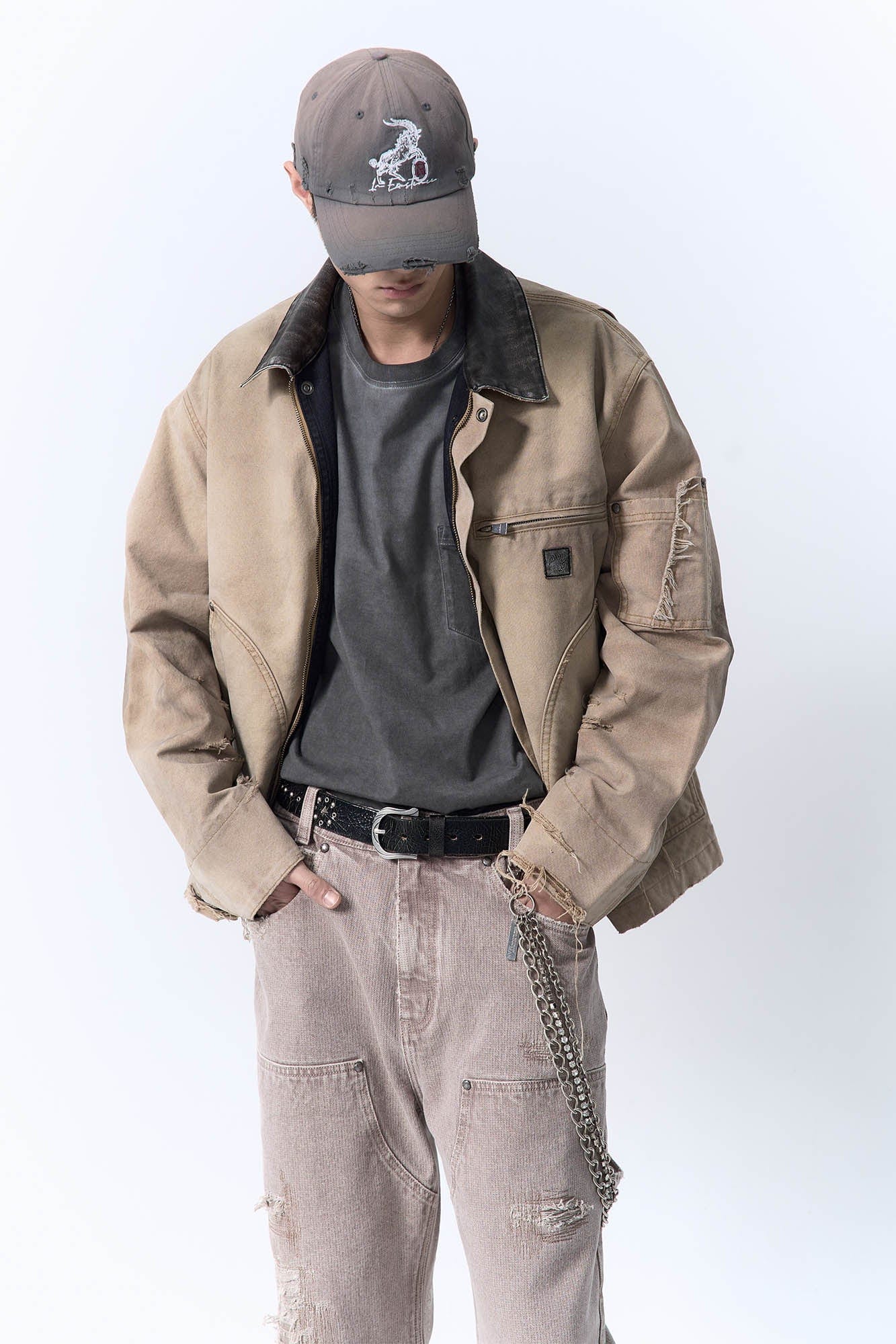 IN EXISTENCE Dirty-Washed Contrast Collar Detroit Jacket, premium urban and streetwear designers apparel on PROJECTISR.com, IN EXISTENCE