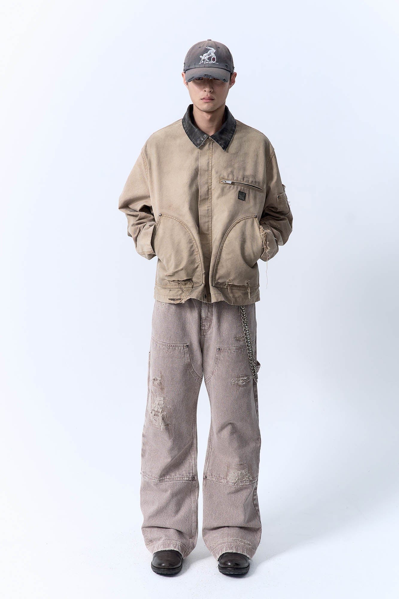 IN EXISTENCE Dirty-Washed Contrast Collar Detroit Jacket, premium urban and streetwear designers apparel on PROJECTISR.com, IN EXISTENCE