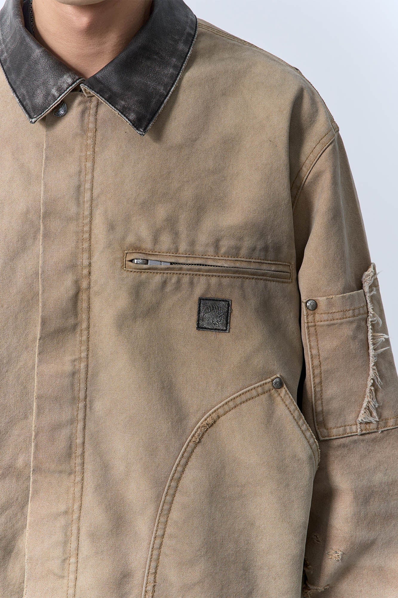 IN EXISTENCE Dirty-Washed Contrast Collar Detroit Jacket, premium urban and streetwear designers apparel on PROJECTISR.com, IN EXISTENCE