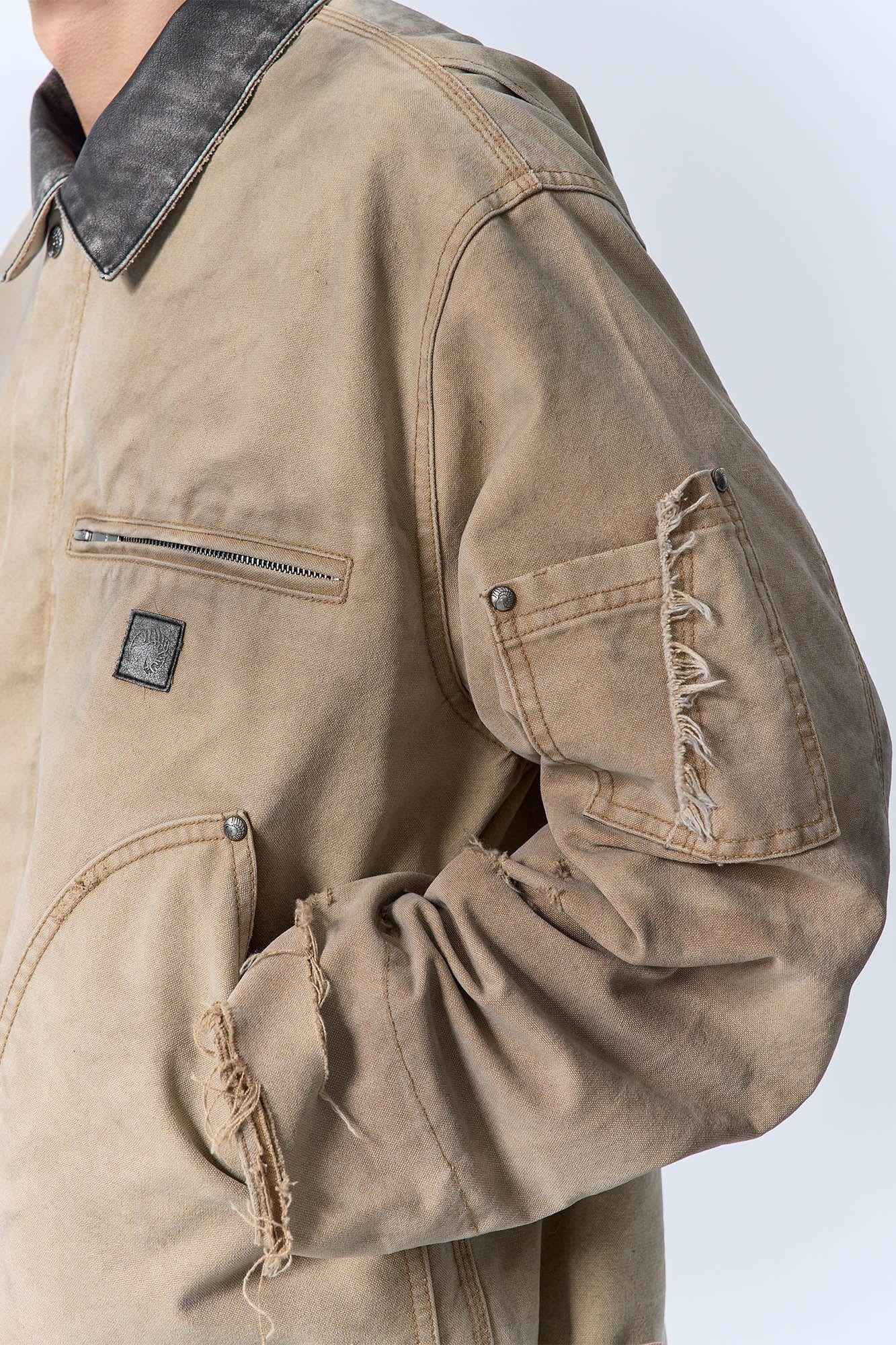 IN EXISTENCE Dirty-Washed Contrast Collar Detroit Jacket, premium urban and streetwear designers apparel on PROJECTISR.com, IN EXISTENCE